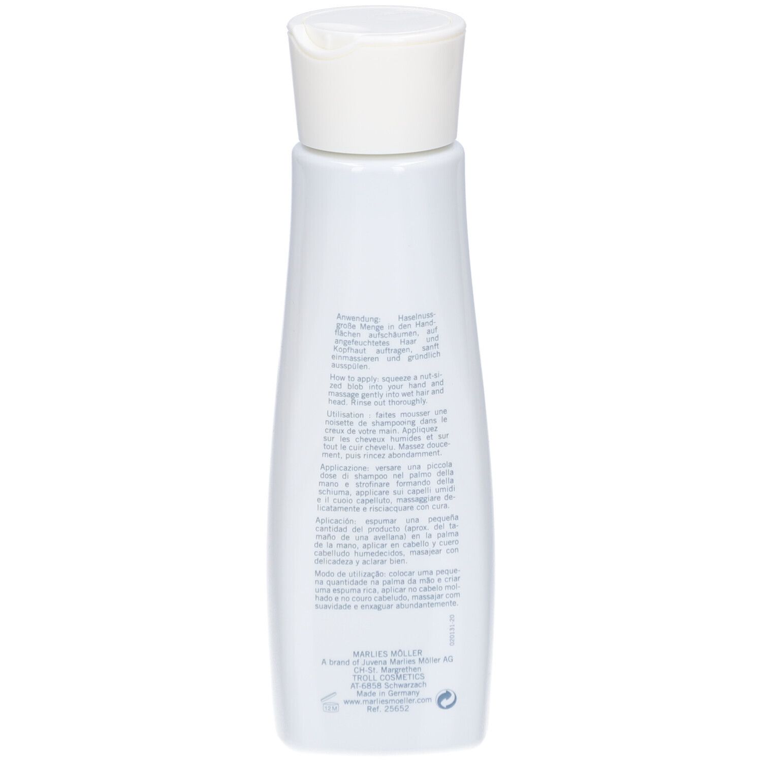 Rückseite der weißen Flasche Marlies Möller Daily Rich Shampoo. Text in mehreren Sprachen. Flasche mit weißem Deckel.