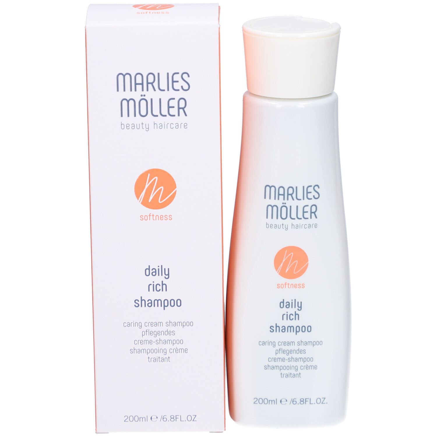 Weiße Flasche Marlies Möller Daily Rich Shampoo mit Verpackung. Aufschrift: Marlies Möller, beauty haircare, daily rich shampoo.