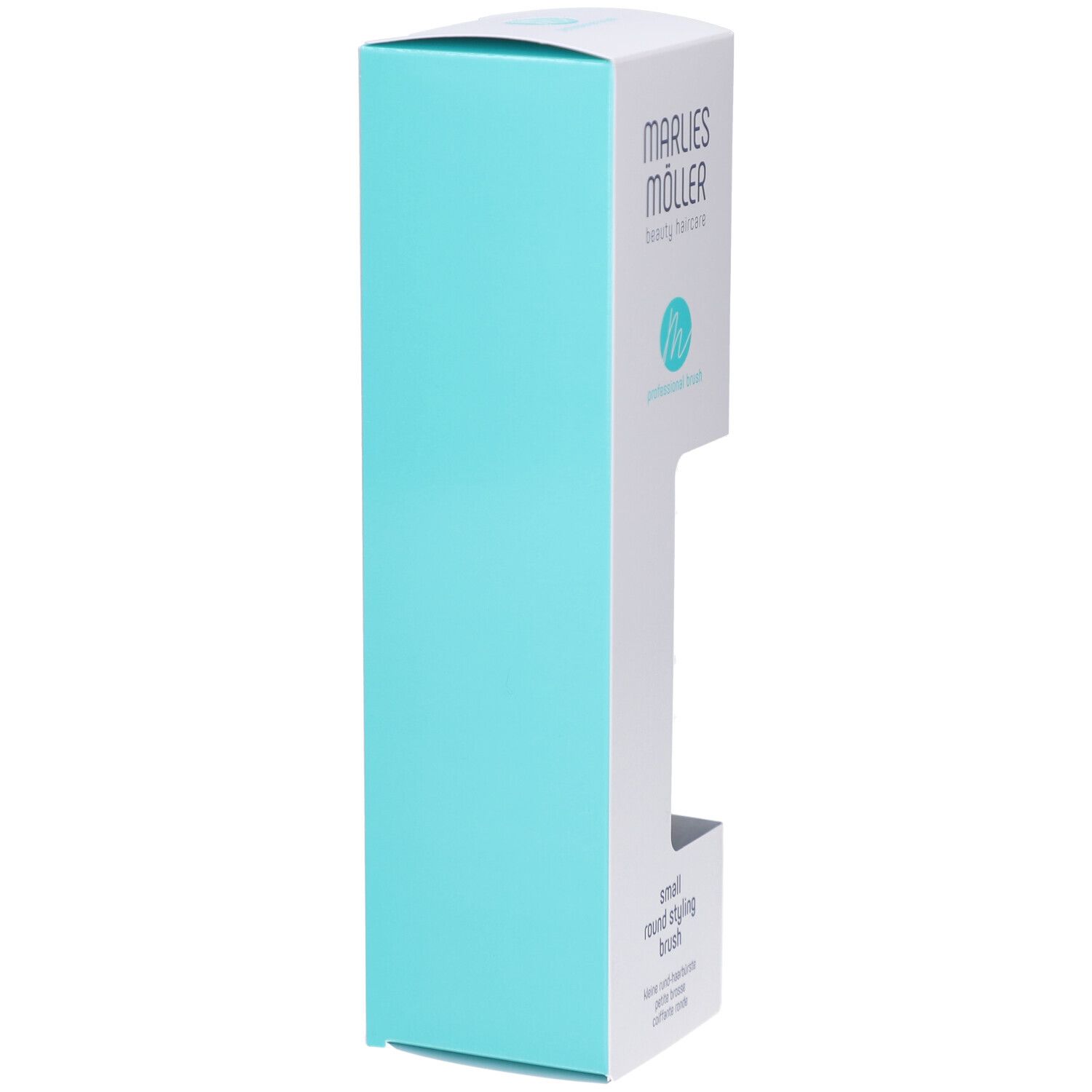 Verpackung der runden Haarbürste. Marke Marlies Möller und Logo sichtbar. Türkisfarbene Akzente.