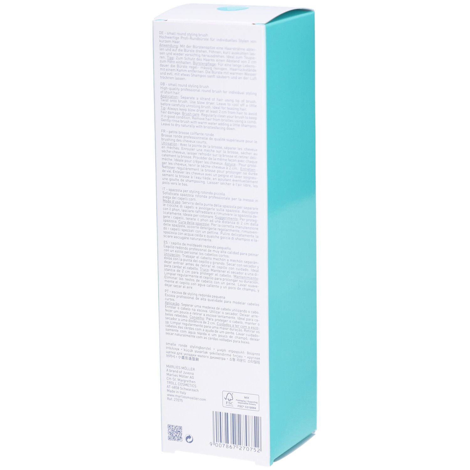 Rückseite der Verpackung der runden Haarbürste. Text und Barcode sichtbar. Türkisfarbene Akzente.