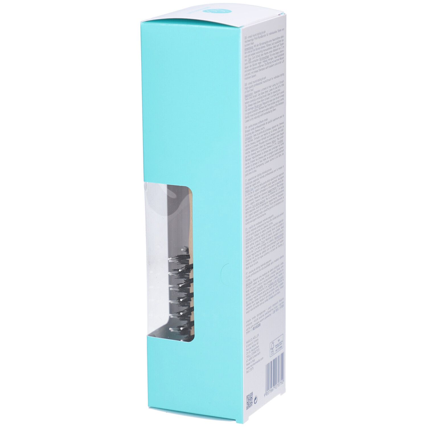 Seitenansicht der Verpackung der runden Haarbürste. Türkisfarbene Akzente. Produkt teilweise sichtbar.