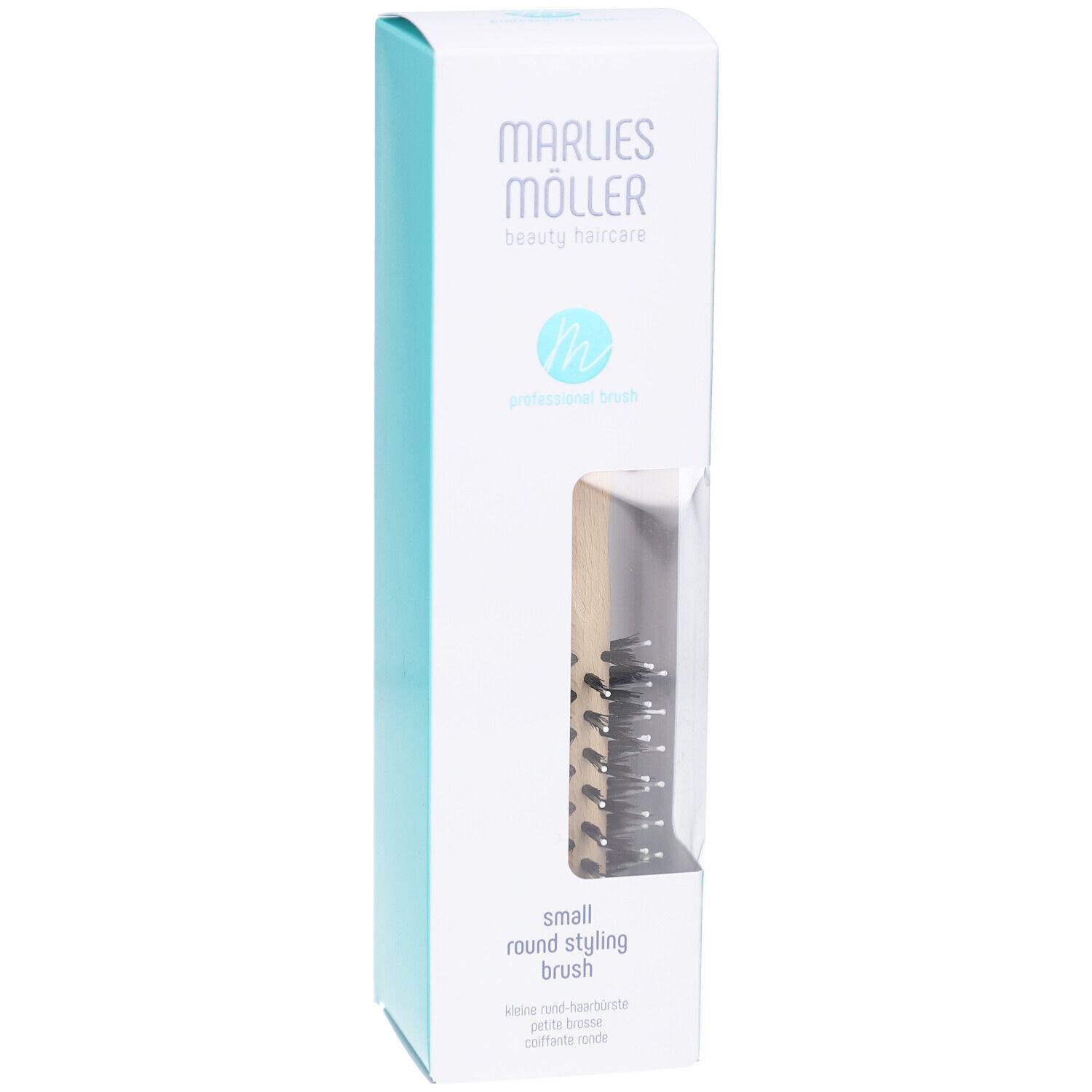 Verpackung der runden Haarbürste. Produkt durch Fenster sichtbar. Marke Marlies Möller und Logo.