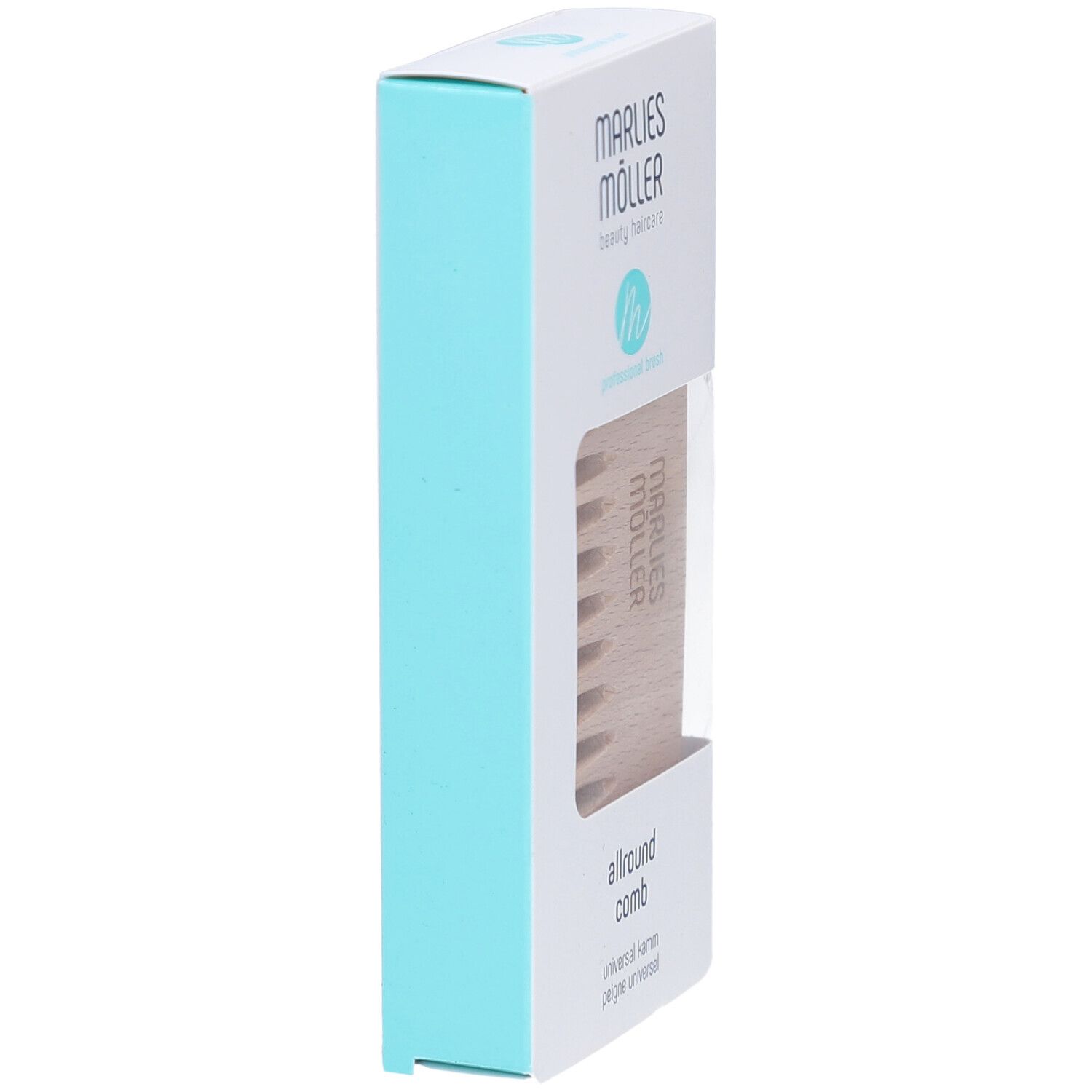 Produktverpackung mit Holzkamm. Auf der Verpackung steht "Marlies Möller".