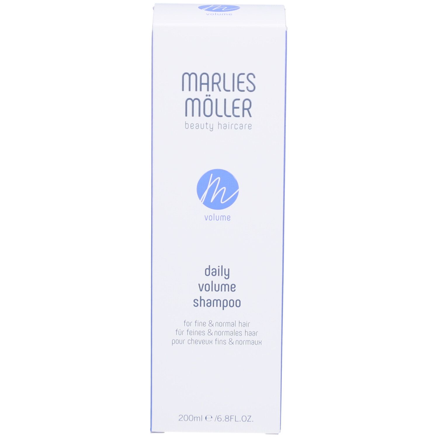 Schachtel. Aufschrift: Marlies Möller, Volume Daily Volume Shampoo. 200ml.