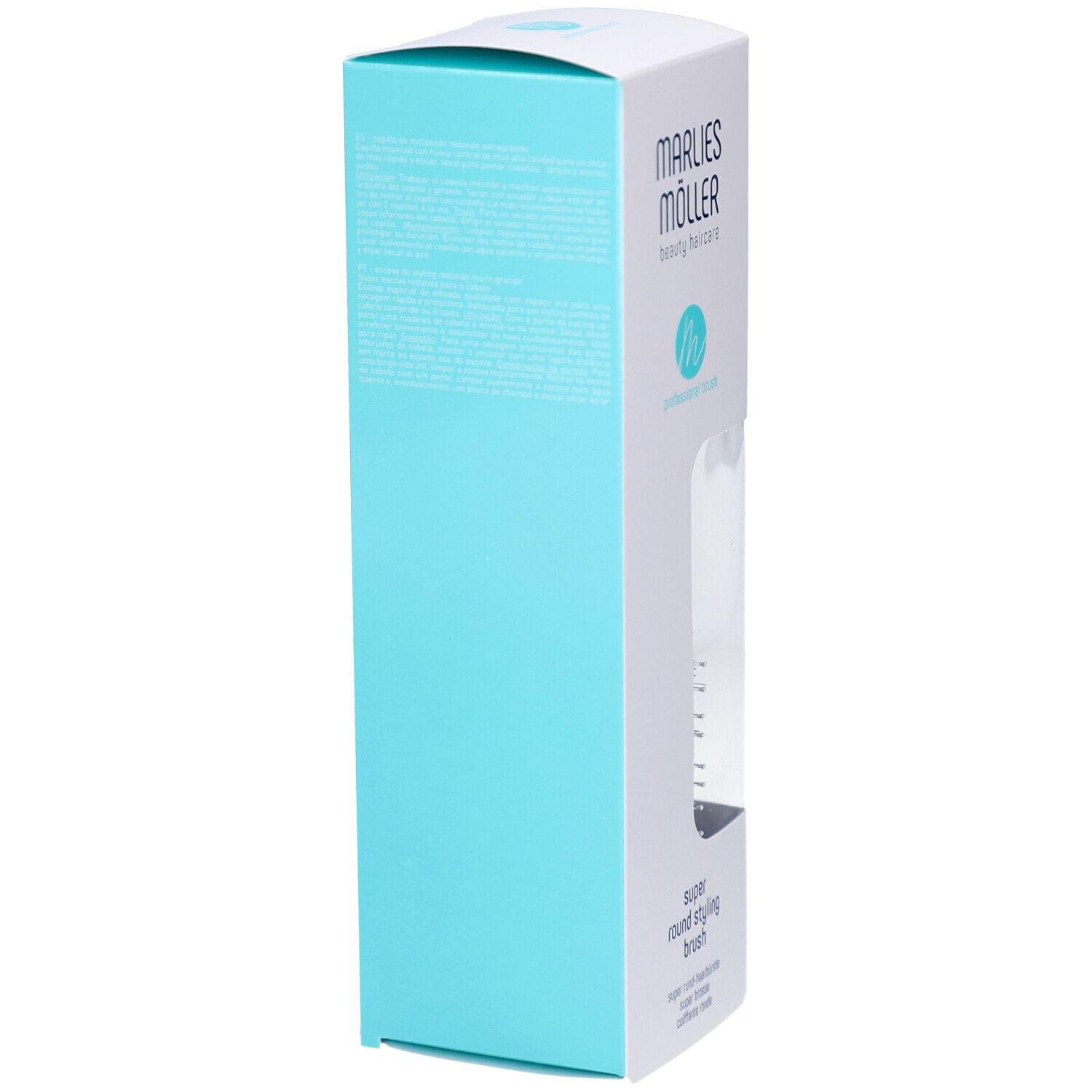 Verpackung der runden Haarbürste, Seitenansicht. Text und Marke Marlies Möller.