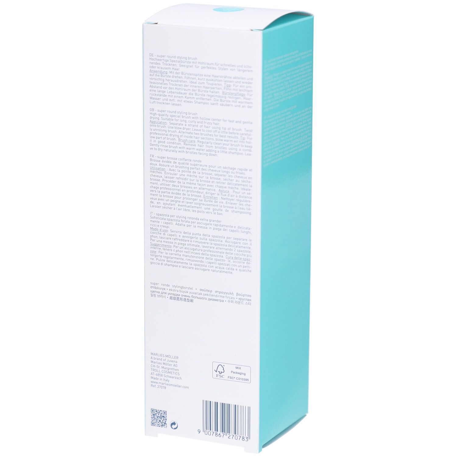 Verpackung der runden Haarbürste, Rückseite. Text und Marke Marlies Möller.