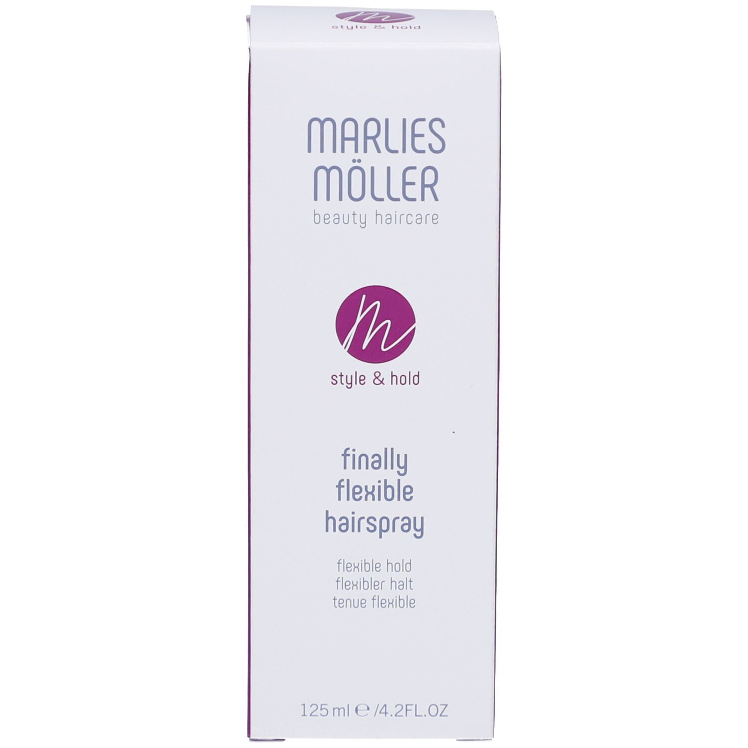 Verpackung. Aufschrift: Marlies Möller, Style & Hold, finally flexible hairspray, 125ml.