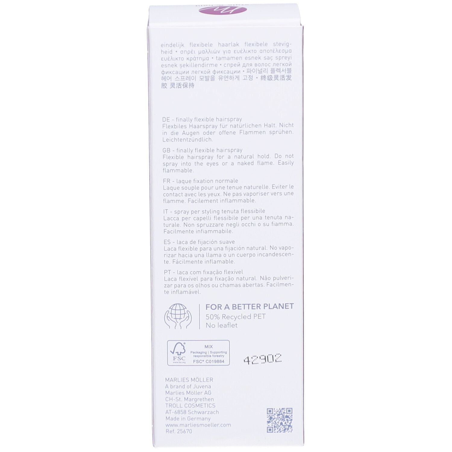 Rückseite der Verpackung. Text in mehreren Sprachen. Aufschrift: Marlies Möller.