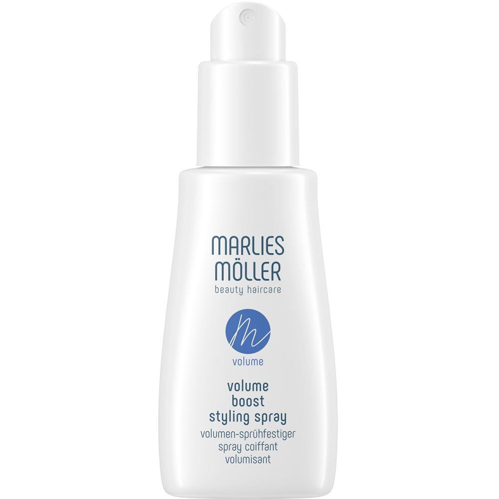 Weißes Spray von Marlies Möller. Text: Volume Boost Styling Spray. Blaues Logo.