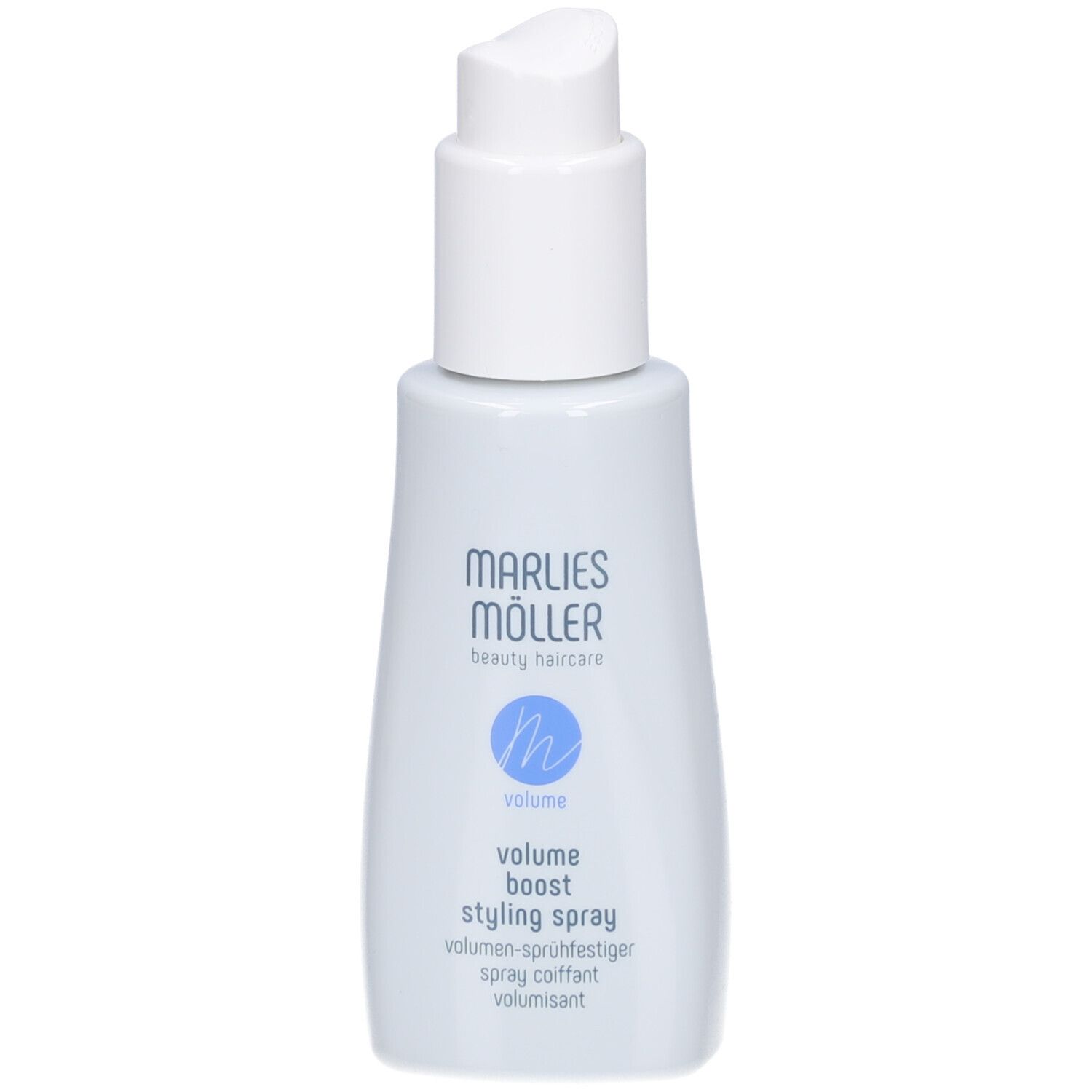 Hellblaue Flasche mit weißem Pumpkopf. Aufschrift: Marlies Möller, Volume Boost Styling Spray. Logo mit blauem 'm'.