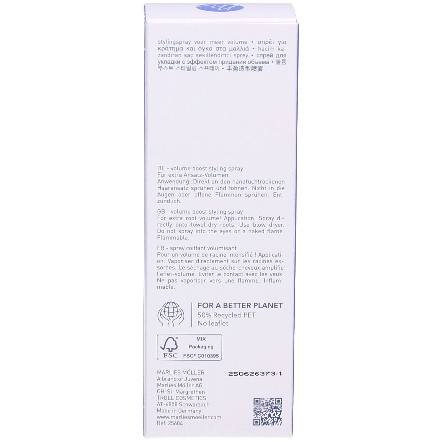 Rückseite der hellblauen Schachtel. Text in mehreren Sprachen. Logo für recyceltes Material und FSC-Zertifizierung.