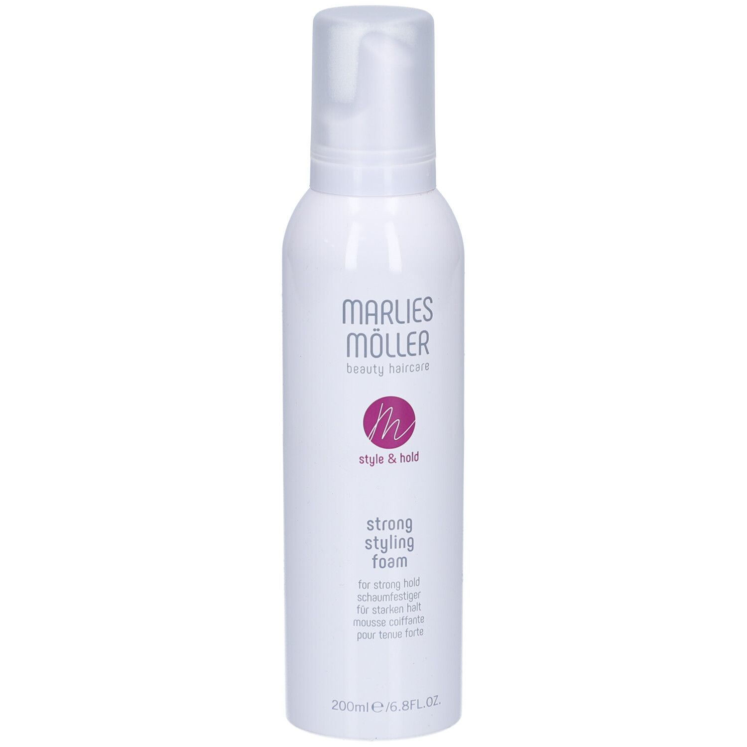 Weiße Flasche mit Sprühkopf. Aufschrift: Marlies Möller, Style & Hold, Strong Styling Foam. 200ml.