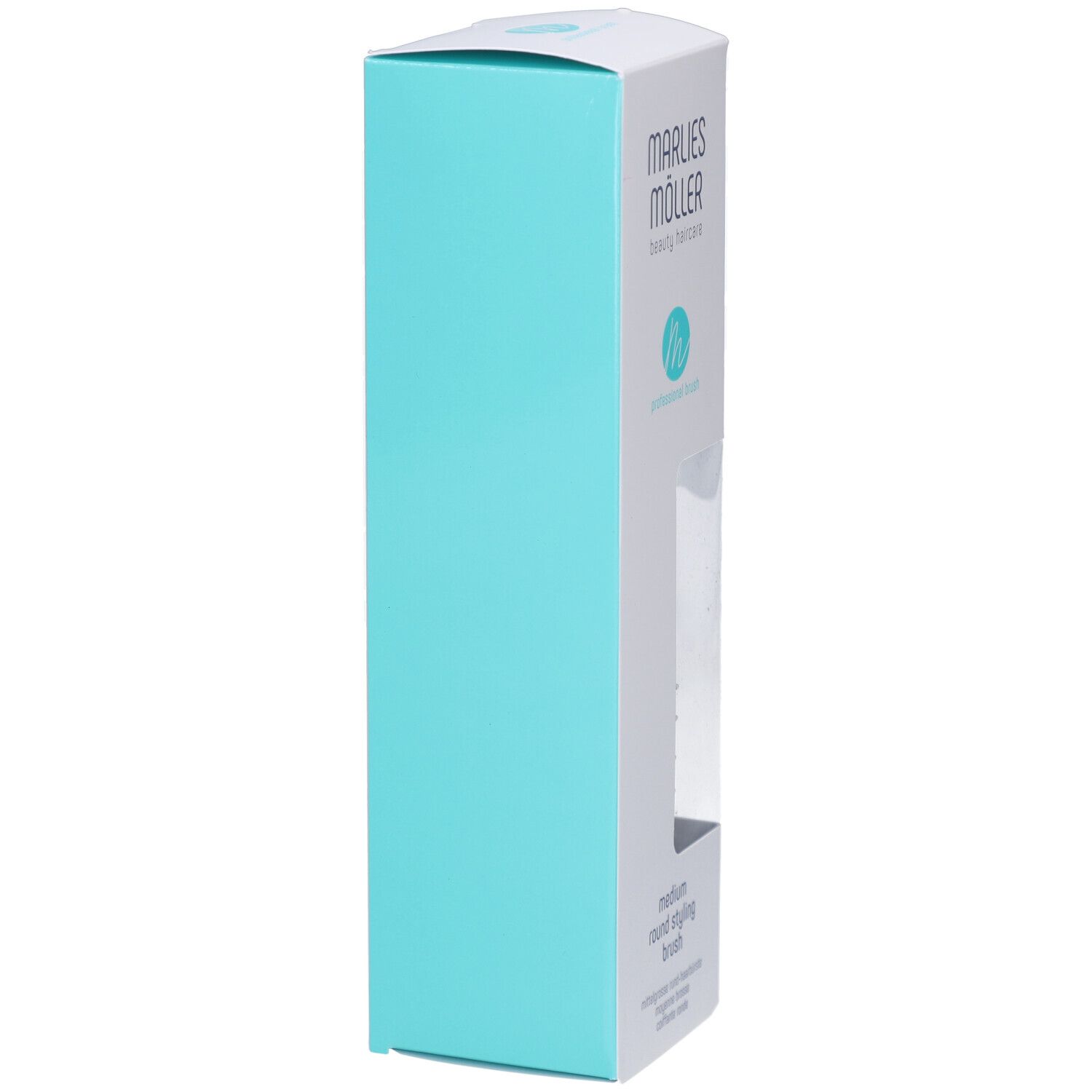 Verpackung der Stylingbürste. Weiß-türkis. MARLIES MÖLLER, Produktinformationen.