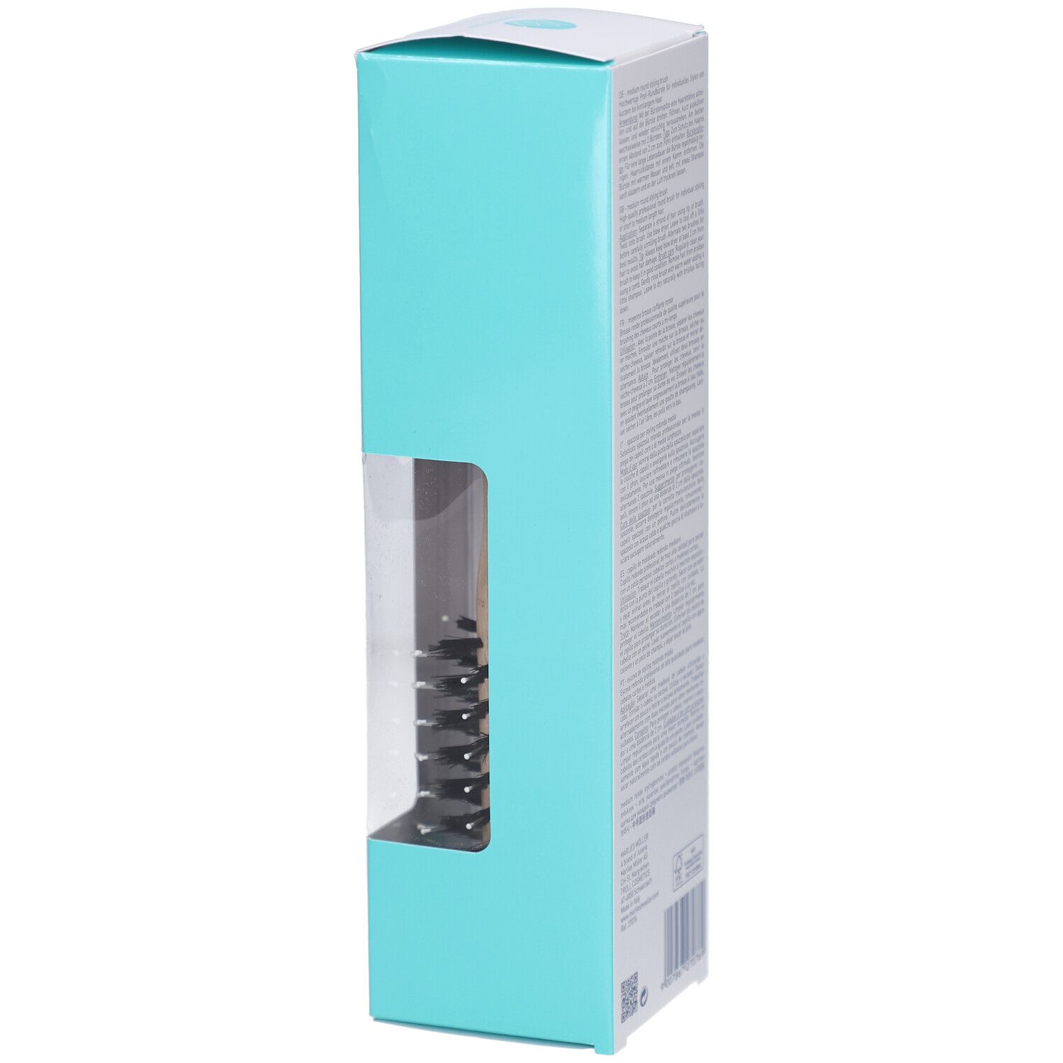 Verpackung der Stylingbürste. Weiß-türkis. MARLIES MÖLLER, Produktinformationen.