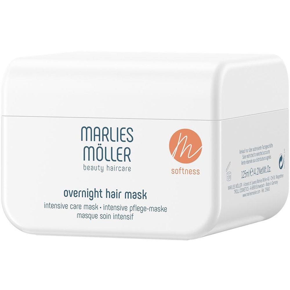 Weiße Dose mit Marlies Möller Logo und Schriftzug. Aufschrift: Overnight Hair Mask. Orangefarbenes Logo.