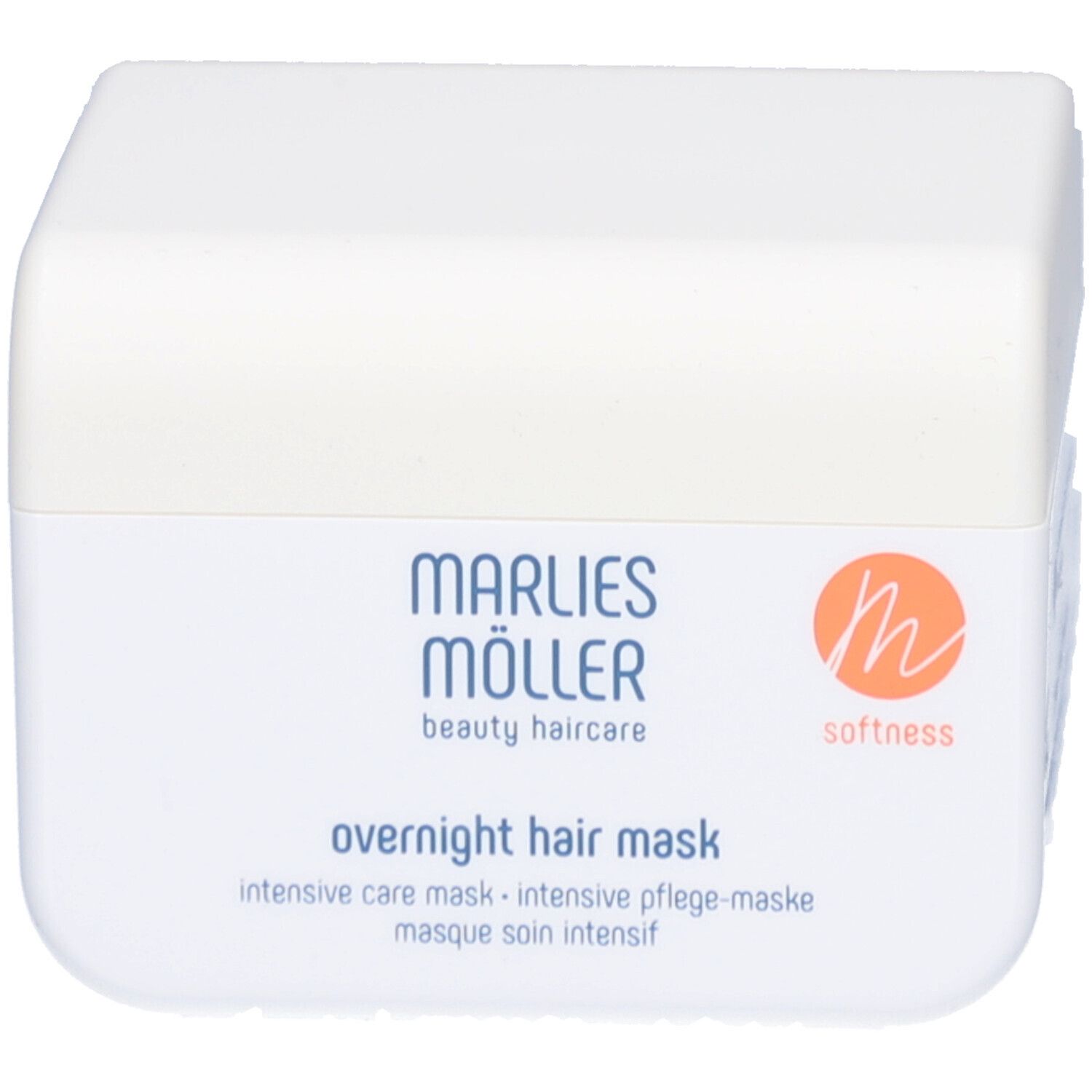 Weiße Dose mit Marlies Möller Logo und Schriftzug. Aufschrift: Overnight Hair Mask. Orangefarbenes Logo.