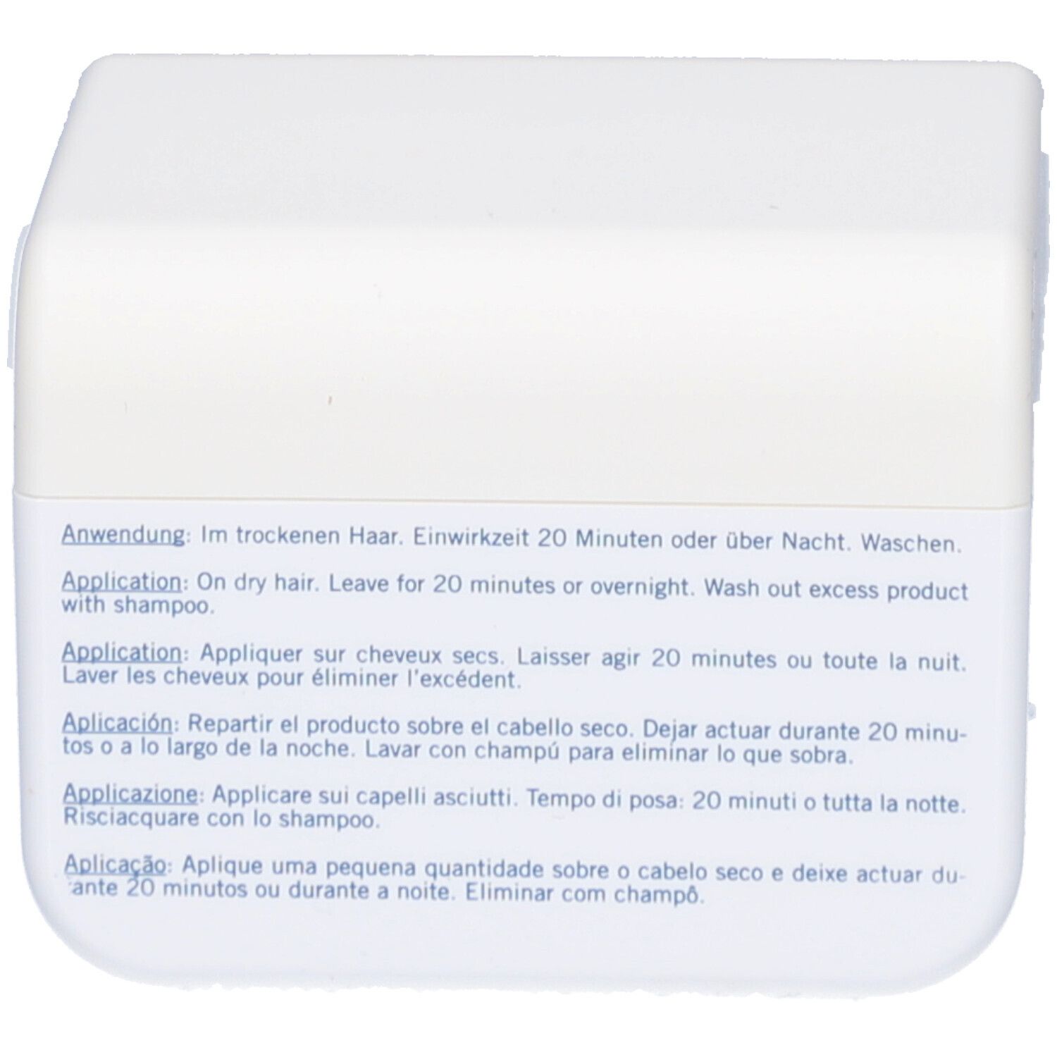 Rückseite der weißen Dose mit Text. Anwendungshinweise in mehreren Sprachen.