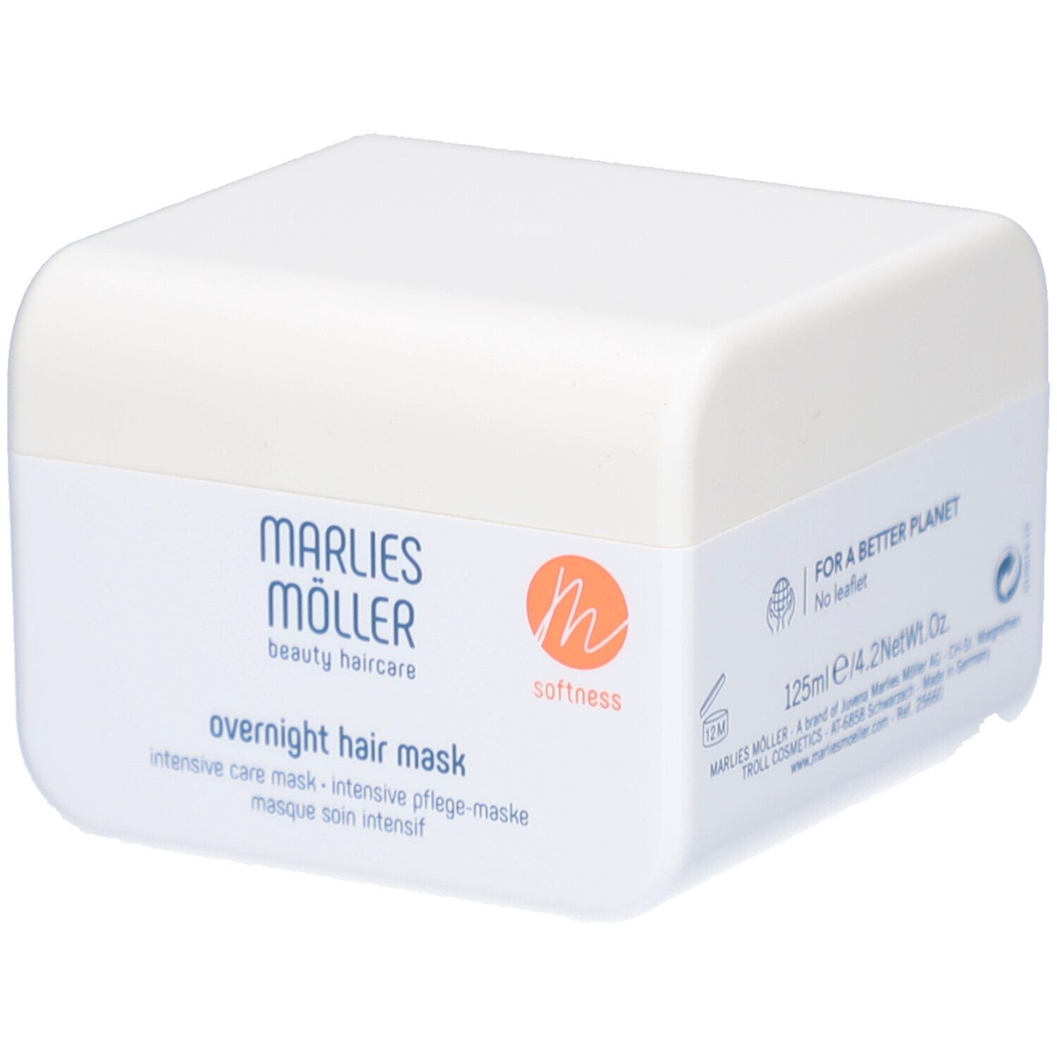 Weiße Dose mit Marlies Möller Logo und Schriftzug. Aufschrift: Overnight Hair Mask. Orangefarbenes Logo.