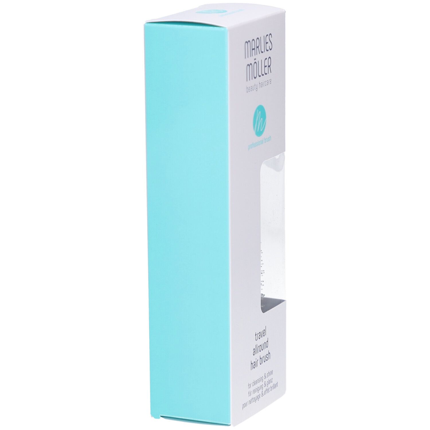 Produktverpackung, Seite. Marke Marlies Möller, Produktname. Türkis und weiß.