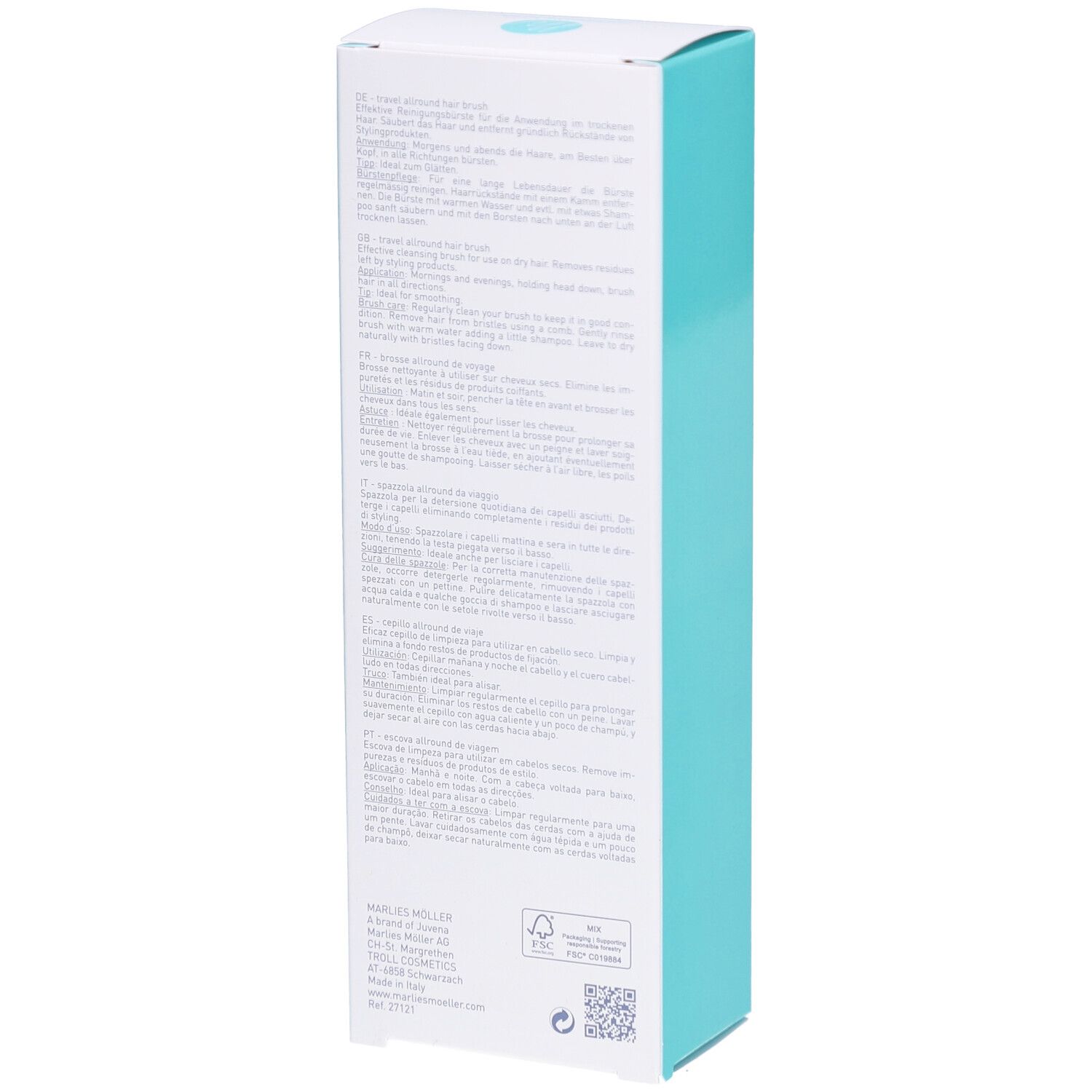 Produktverpackung, Rückseite. Text in mehreren Sprachen. Marke Marlies Möller.