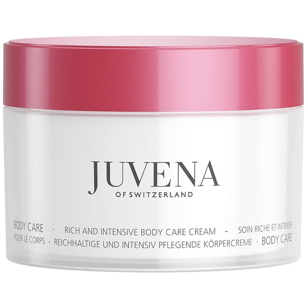 Creme-Dose mit rotem Deckel. Aufschrift: Juvena of Switzerland. Text: Body Care, Rich and Intensive Body Care Cream.