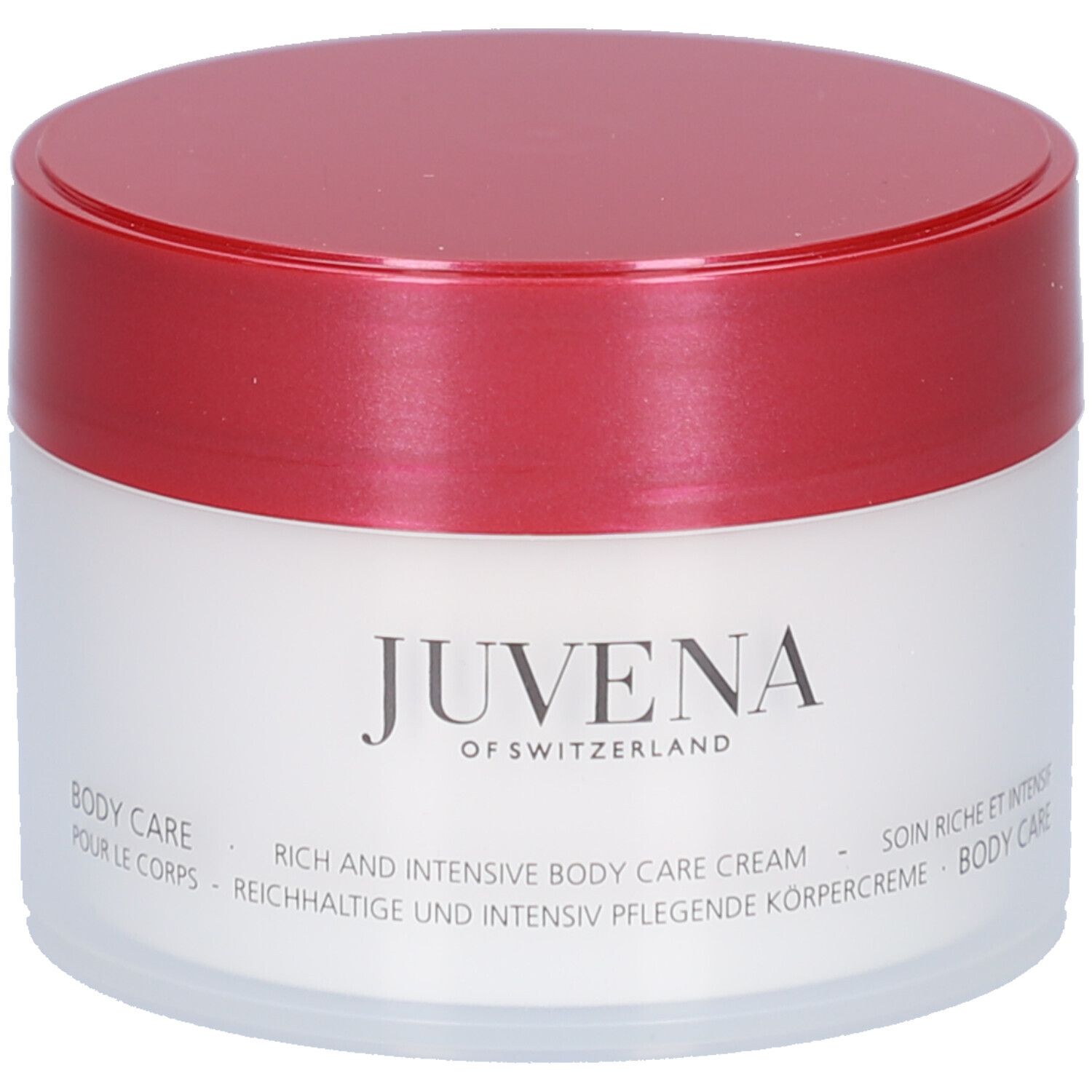 Creme-Dose mit rotem Deckel. Aufschrift: Juvena of Switzerland. Text: Body Care, Rich and Intensive Body Care Cream.