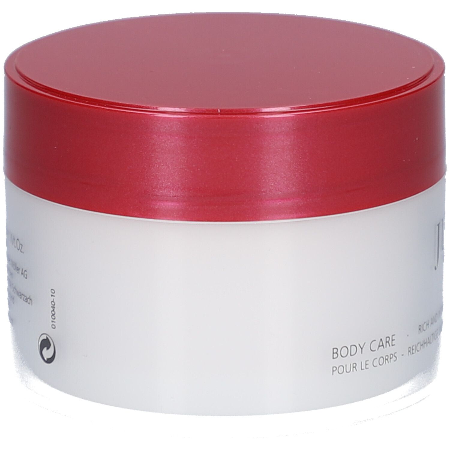 Creme-Dose mit rotem Deckel. Aufschrift: Juvena. Text: Body Care, Rich and Intensive Body Care Cream. Rückseite.