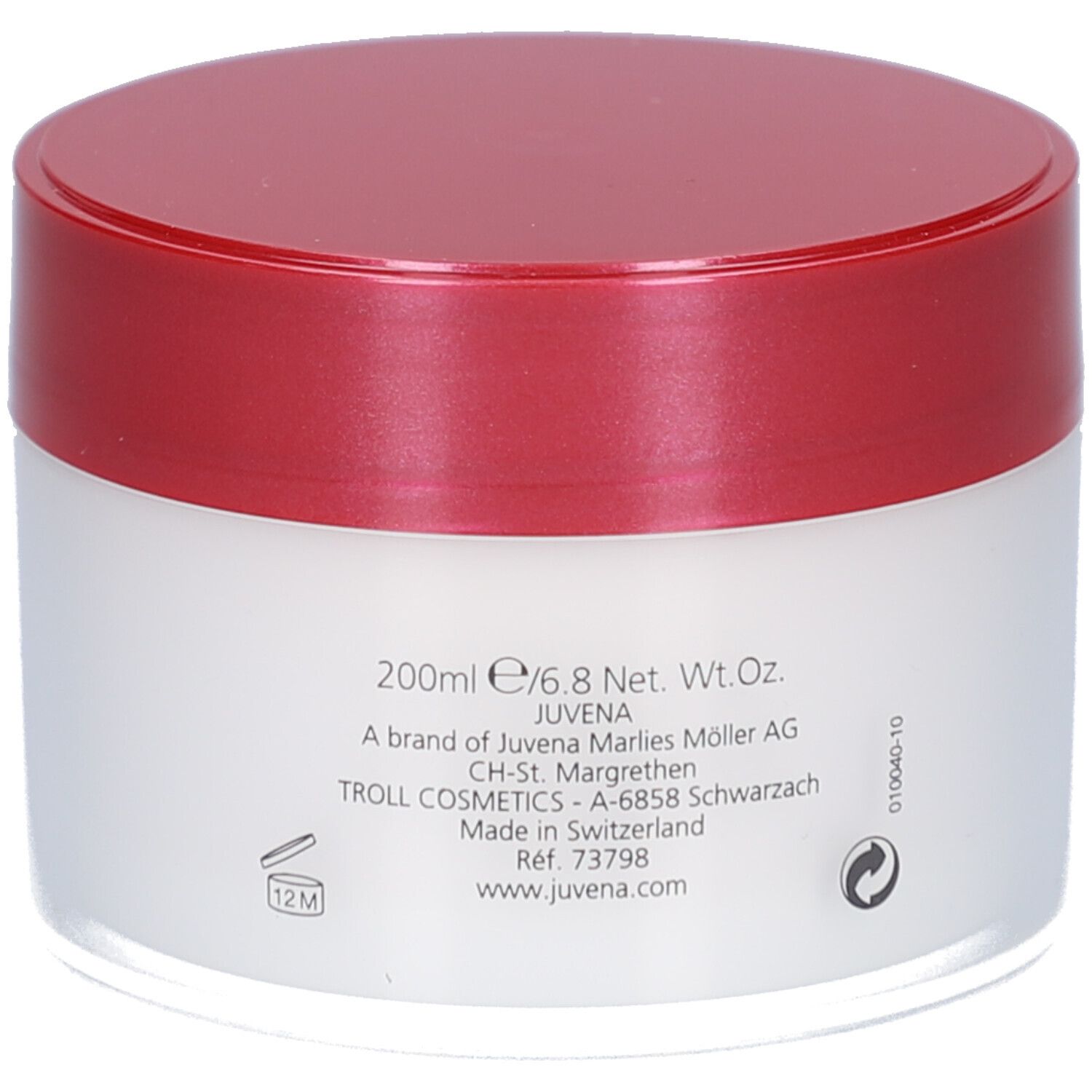 Creme-Dose mit rotem Deckel. Aufschrift: Juvena. Text: Body Care, Rich and Intensive Body Care Cream. Rückseite.