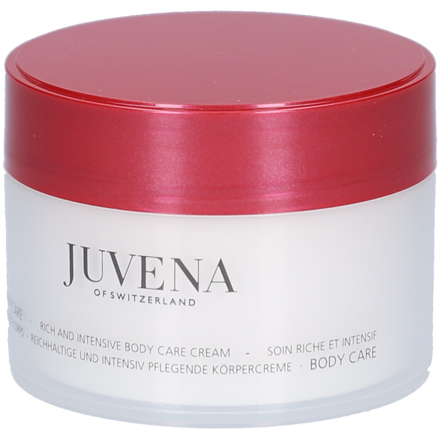 Creme-Dose mit rotem Deckel. Aufschrift: Juvena. Text: Body Care, Rich and Intensive Body Care Cream.