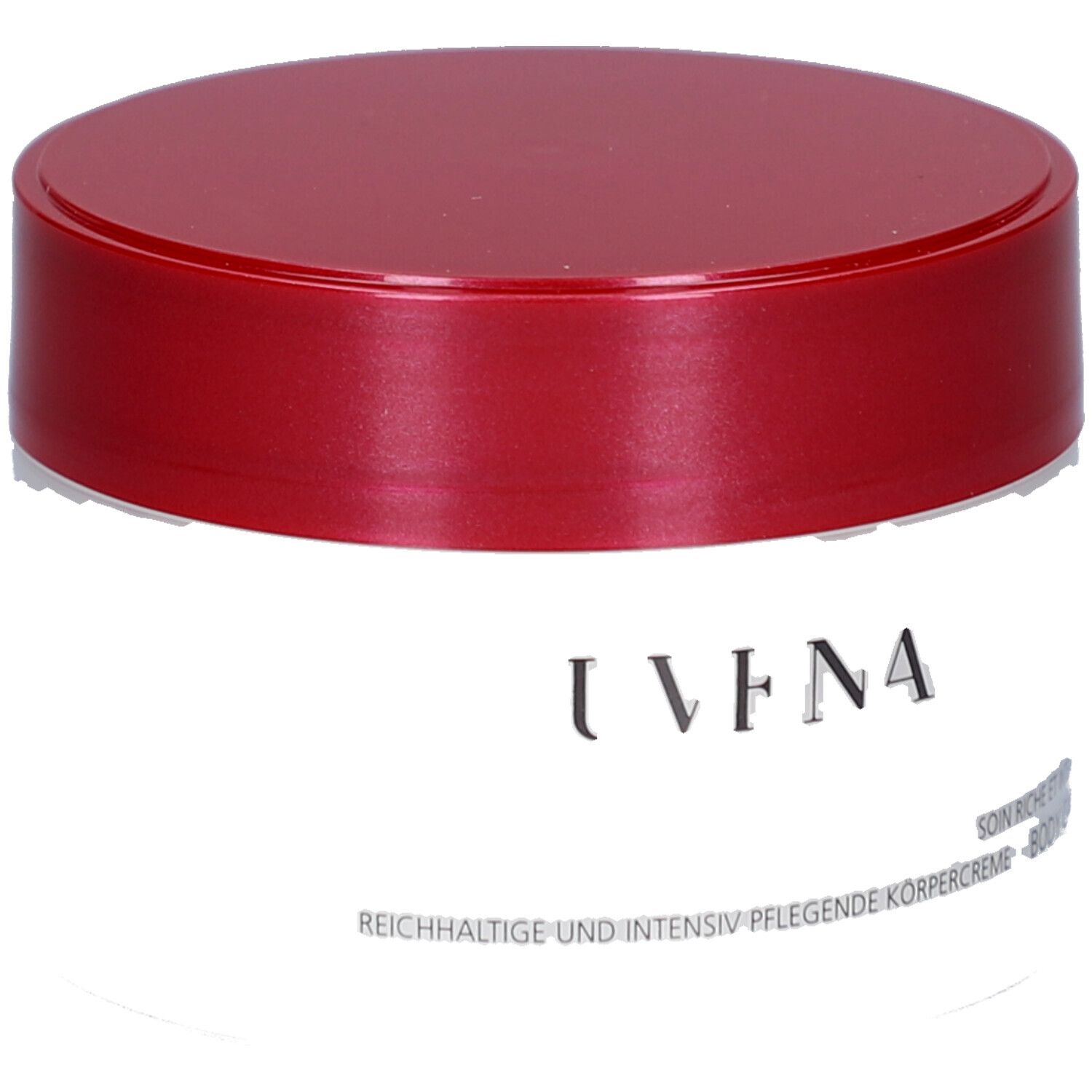 Creme-Dose mit rotem Deckel. Aufschrift: Juvena. Text: Body Care, Rich and Intensive Body Care Cream.