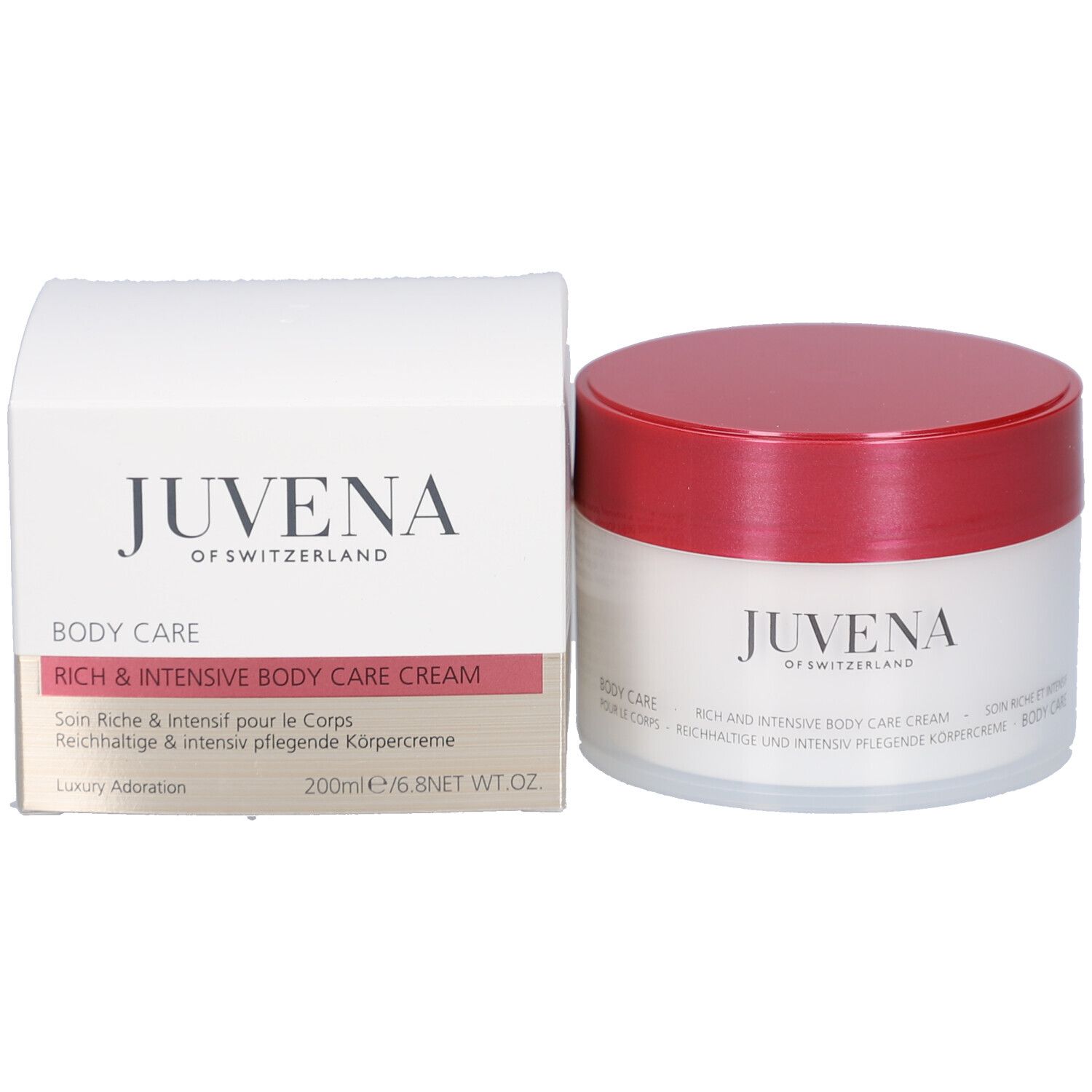 Creme-Dose und Schachtel. Aufschrift: Juvena. Text: Body Care, Rich and Intensive Body Care Cream.