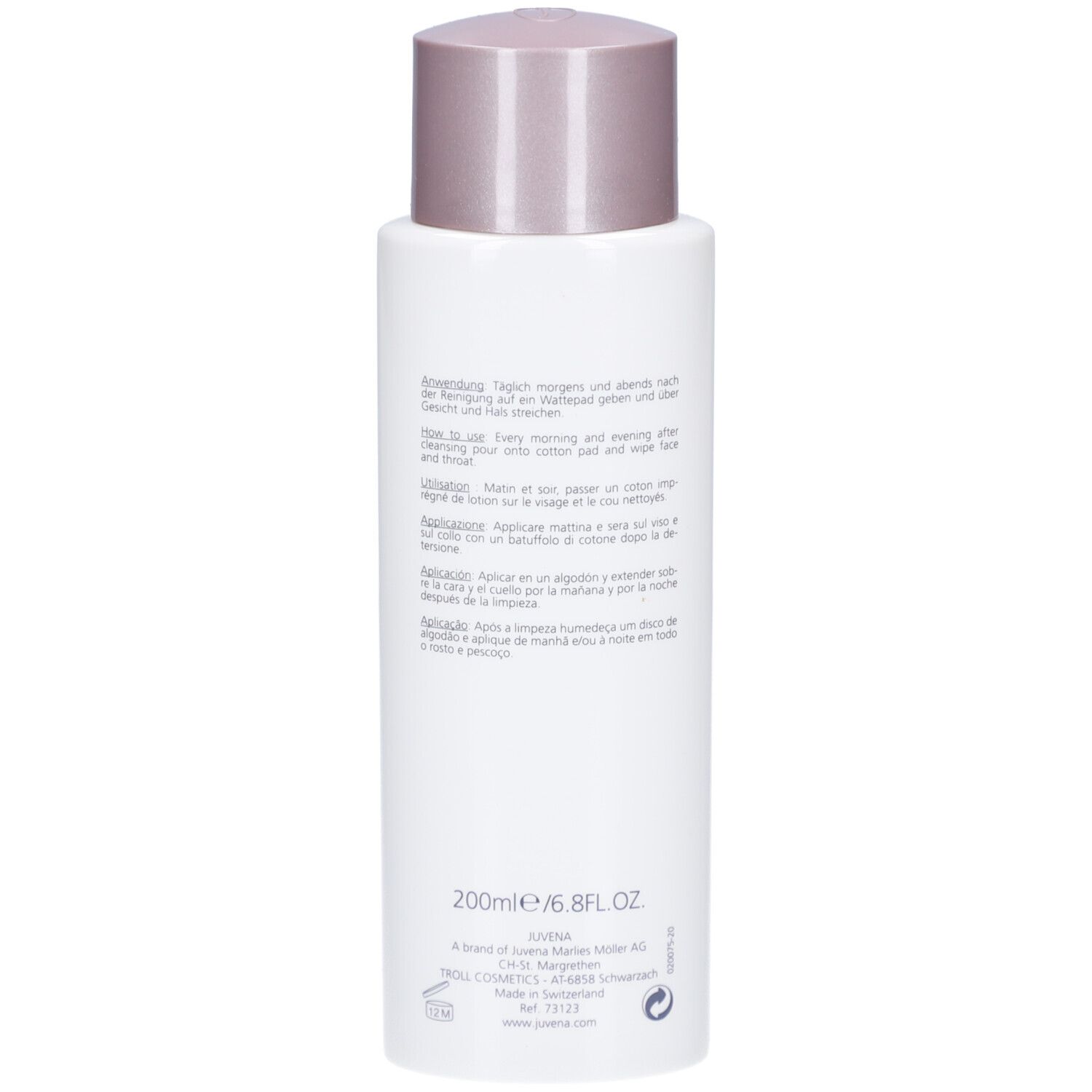 Rückseite des Fläschchens. Text: Anwendung, Inhaltsstoffe, 200ml/6.8FL.OZ, Juvena Logo, Kontaktinformationen.