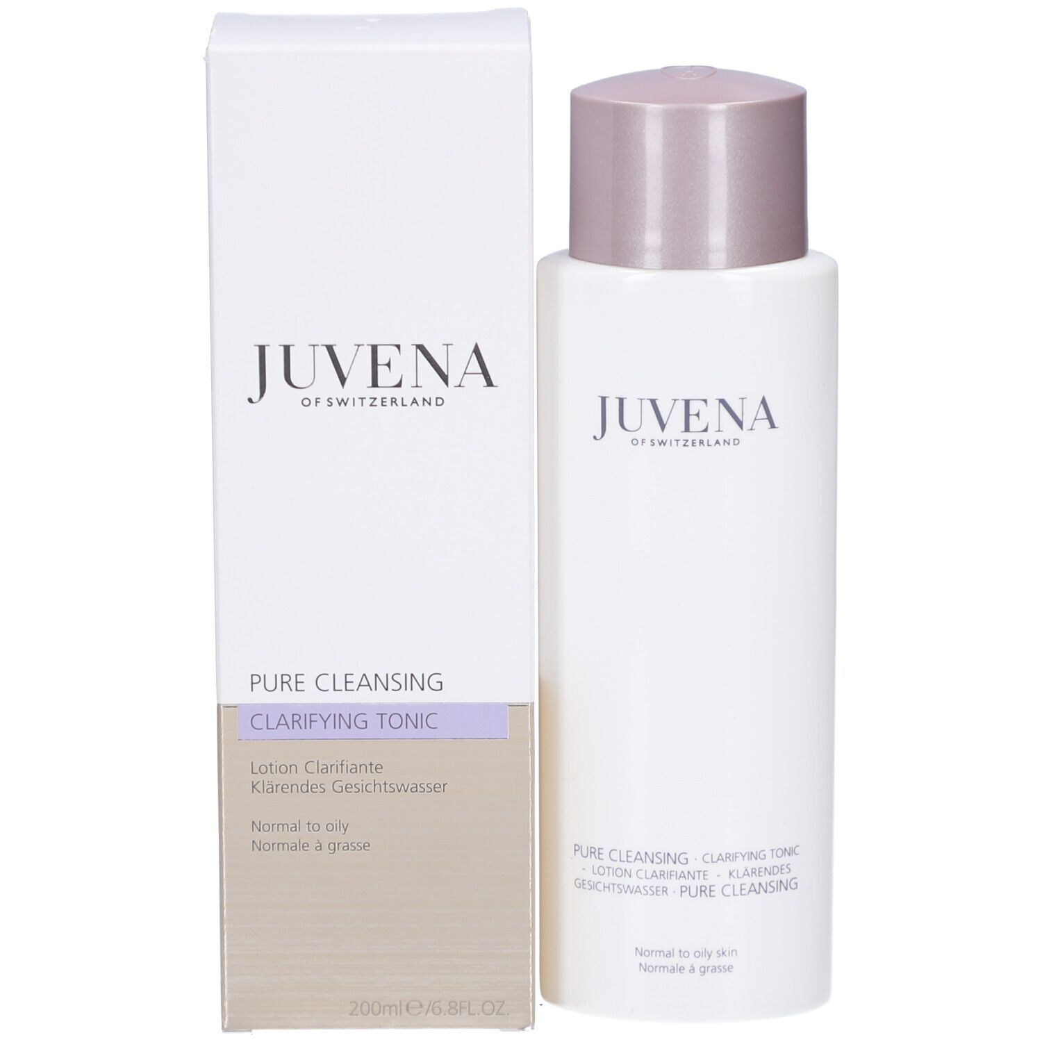 Produkt und Verpackung. Aufschrift: Juvena, Pure Cleansing, Clarifying Tonic, Gesichtswasser. 200ml/6.8FL.OZ.