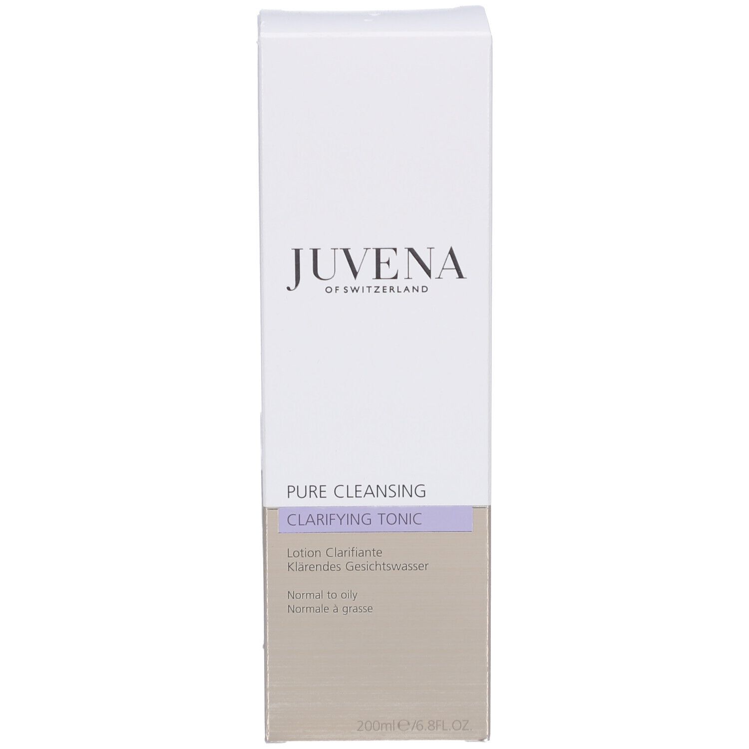 Verpackung. Aufschrift: Juvena, Pure Cleansing, Clarifying Tonic, Gesichtswasser. 200ml/6.8FL.OZ.
