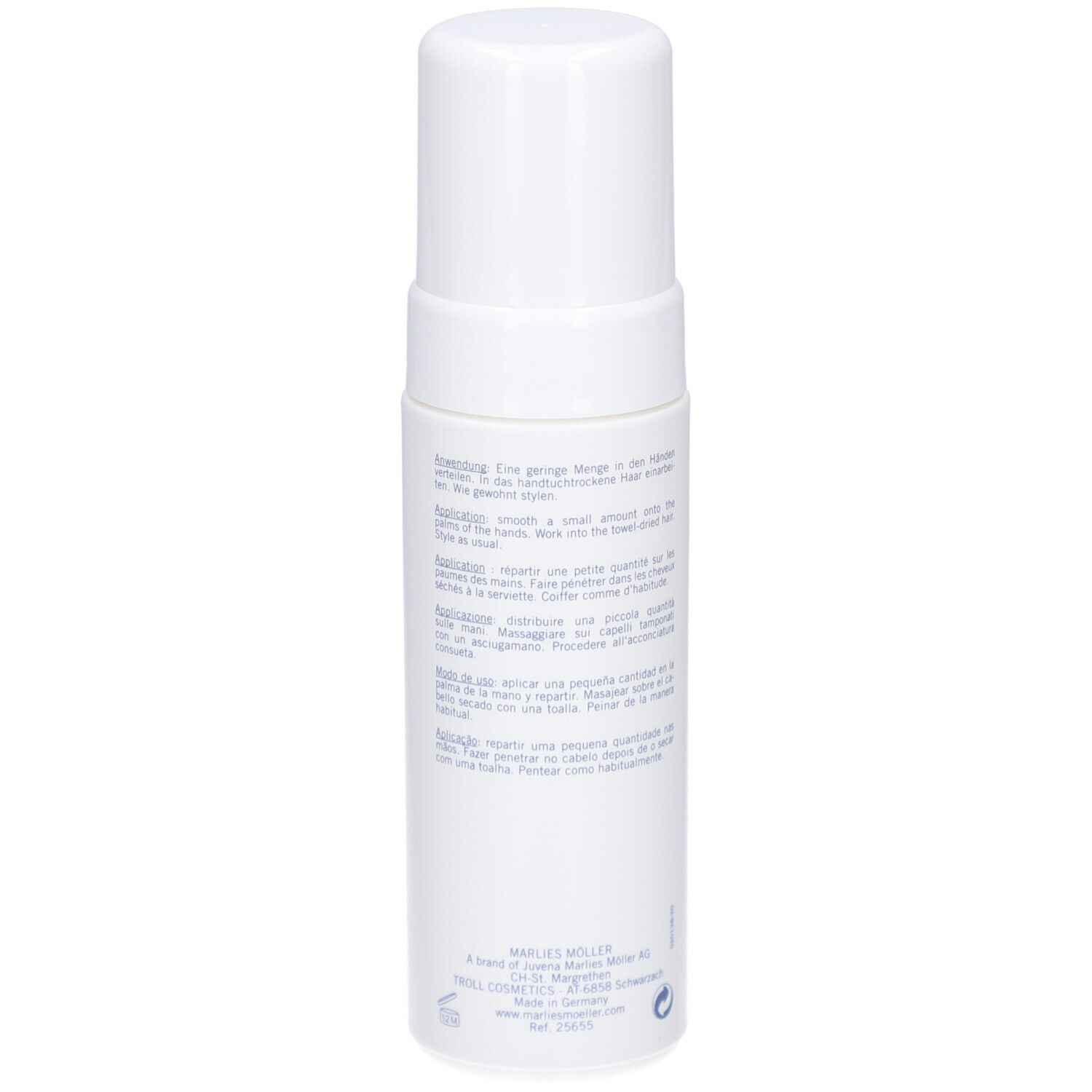 Weiße Flasche mit Sprühkopf. Aufschrift: Marlies Möller, beauty haircare, Volume, Liquid Hair Keratin Mousse. Rückseite mit Text.