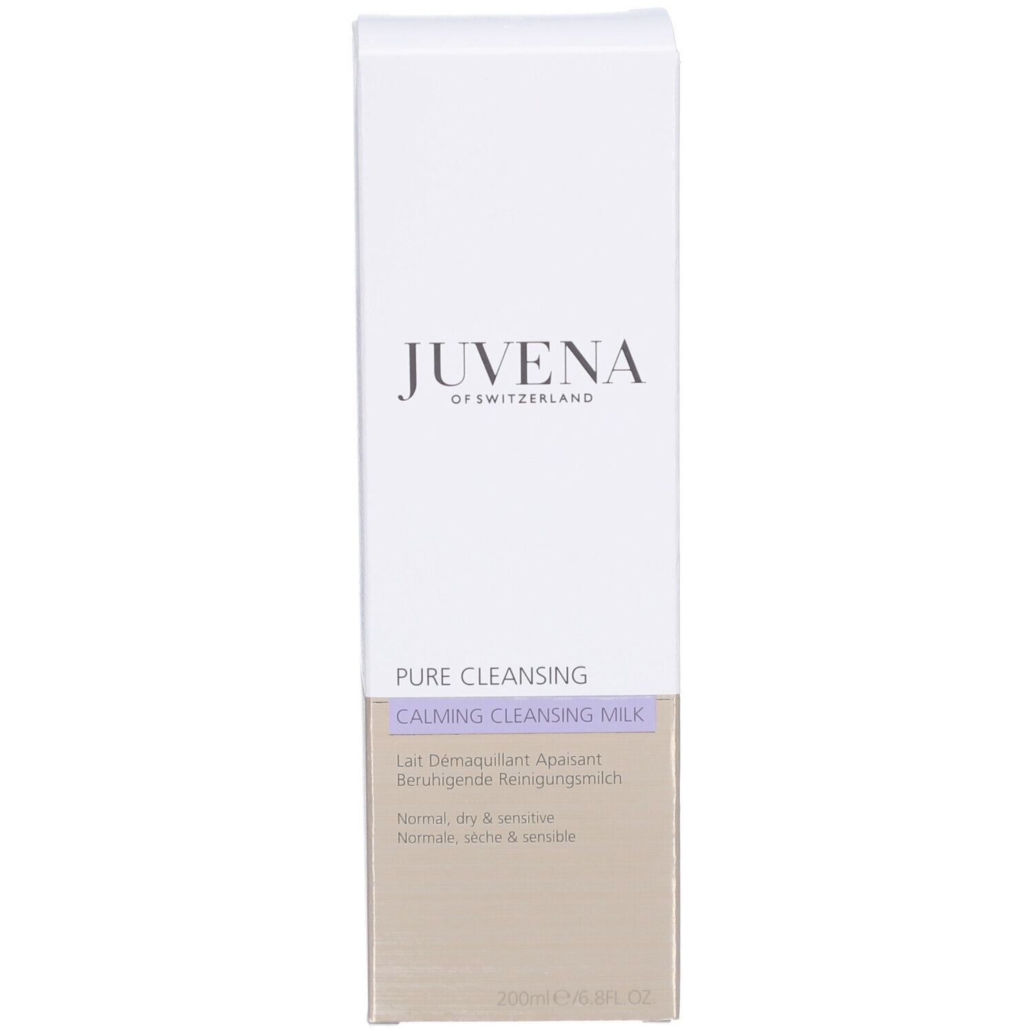 Weisse Verpackung mit Aufschrift: Juvena. Text: Pure Cleansing Milk. Für normale, trockene und empfindliche Haut.