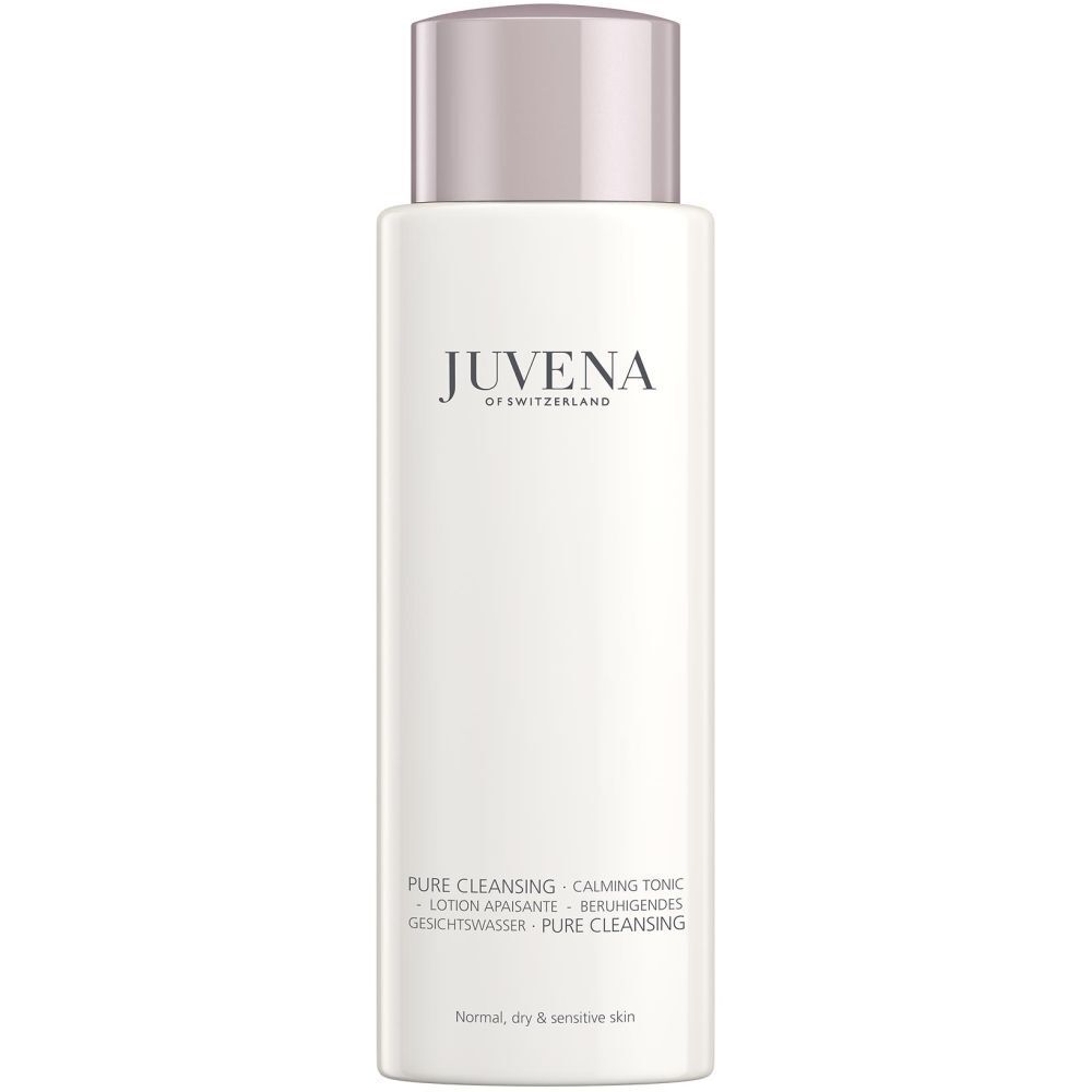 Weißes Fläschchen mit rosafarbenem Deckel. Aufschrift: Juvena of Switzerland. Text: Pure Cleansing, Calming Tonic.