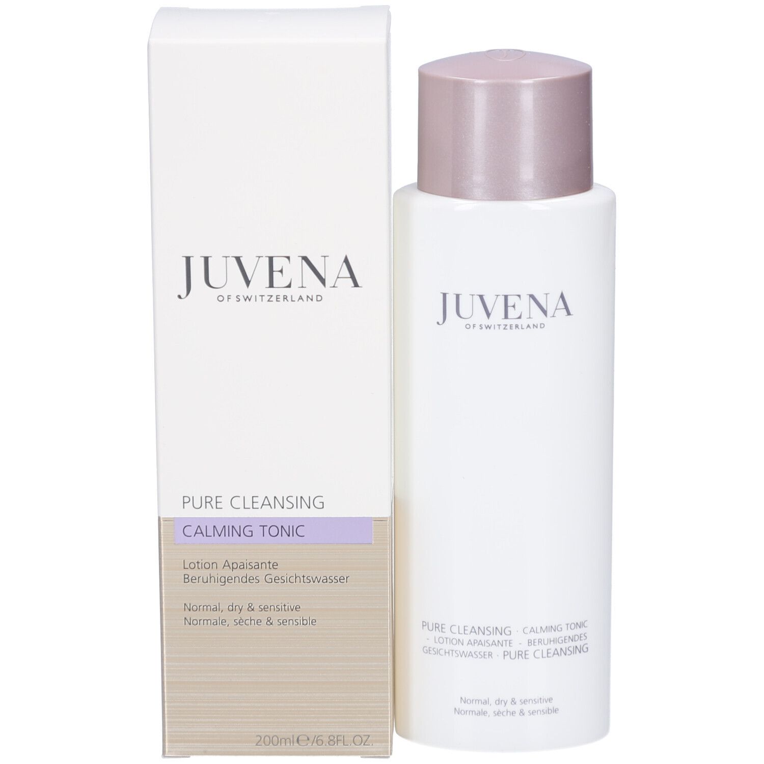 Produkt mit Verpackung. Fläschchen und Schachtel. Aufschrift: Juvena. Text: Pure Cleansing, Calming Tonic.