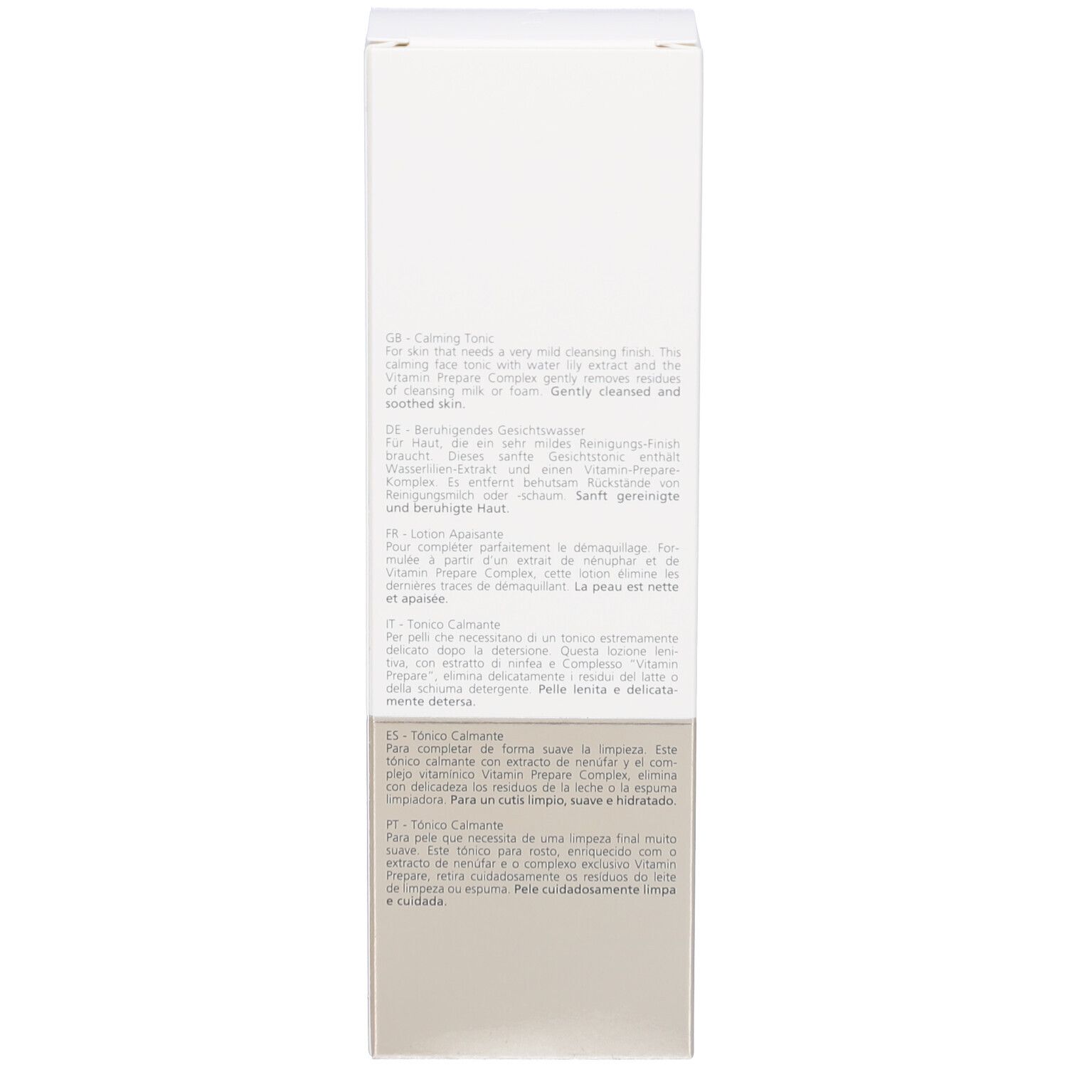 Rückseite der Verpackung. Text in mehreren Sprachen.