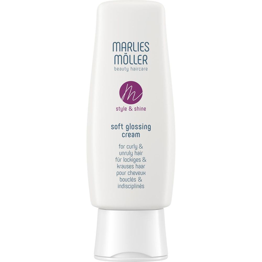 Weiße Tube mit Marlies Möller Logo und Schriftzug. Produktname: Soft Glossing Cream. Für lockiges Haar.