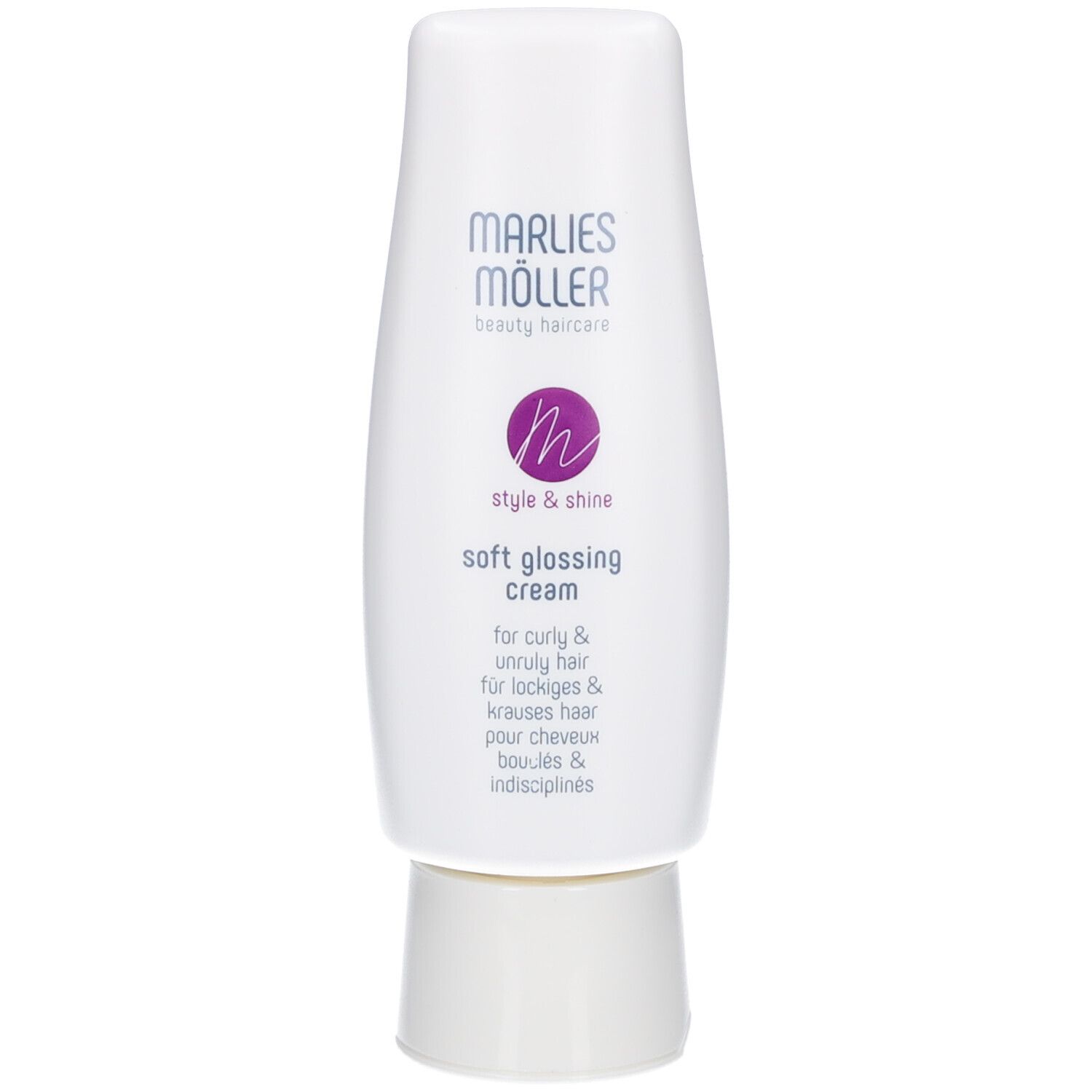 Weiße Tube mit Marlies Möller Logo und Schriftzug. Produktname: Soft Glossing Cream. Für lockiges Haar.