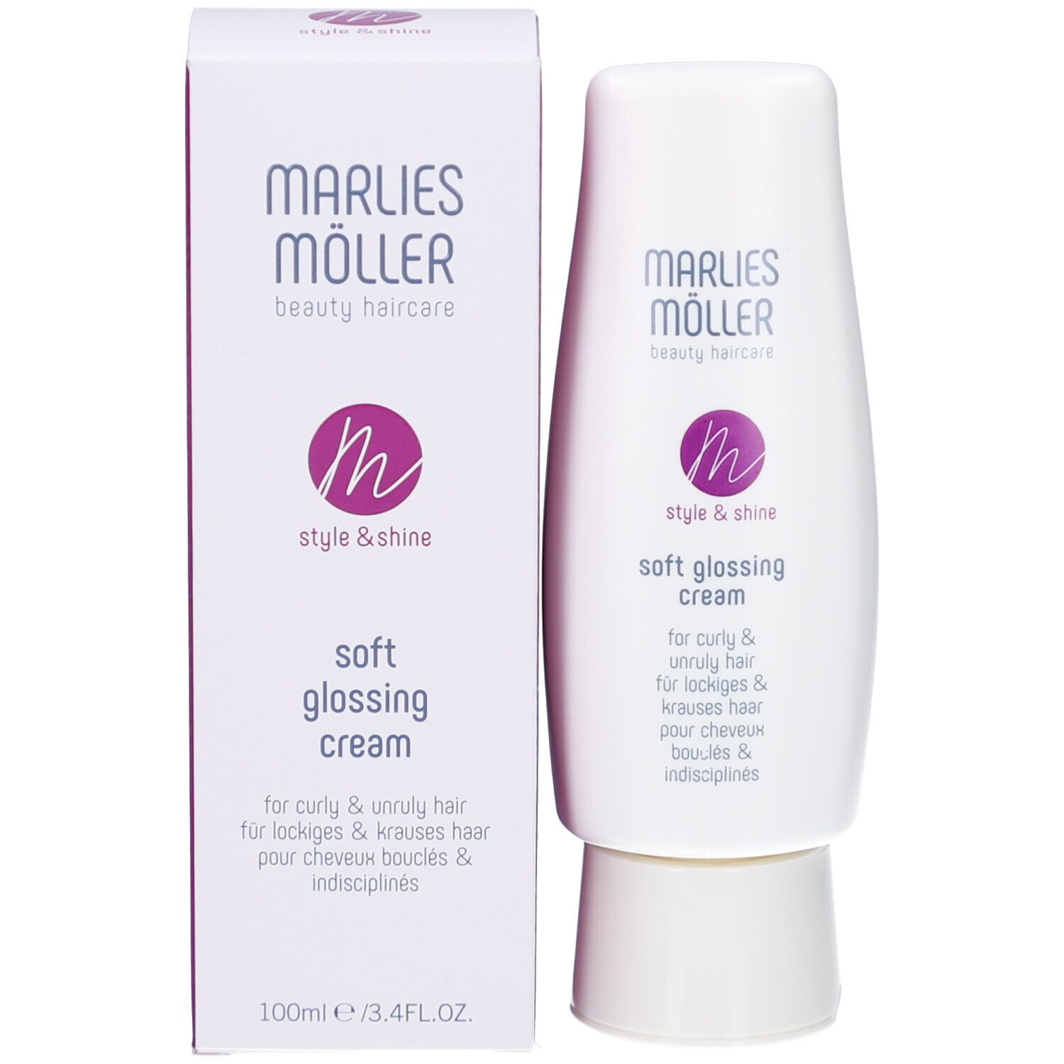 Produktverpackung: Tube und Schachtel. Marlies Möller Soft Glossing Cream. 100ml/3.4FL.OZ.