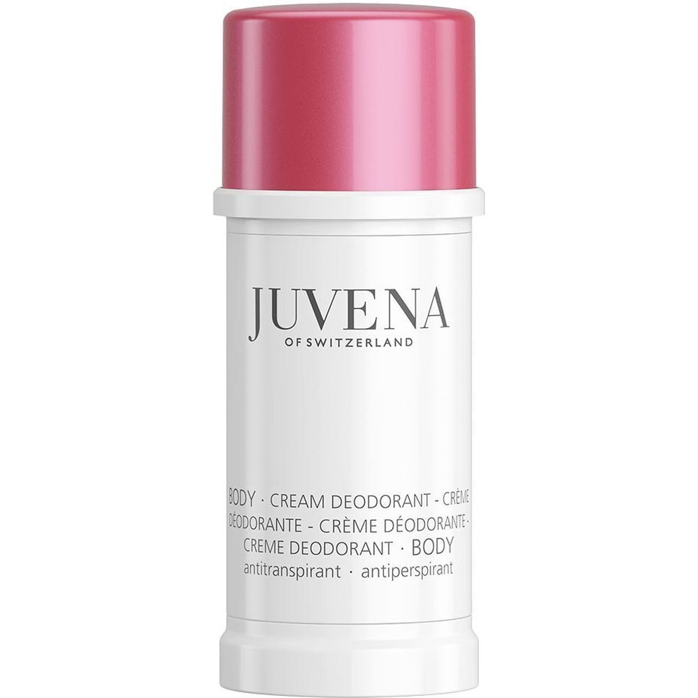 Weißer Deodorant-Stick mit roter Kappe. Aufschrift: Juvena of Switzerland. Produktbezeichnung: Body Cream Deodorant.