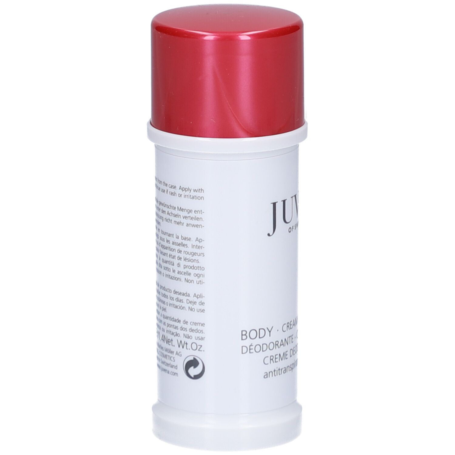 Weißer Deodorant-Stick mit roter Kappe. Aufschrift: Juvena of Switzerland. Produktbezeichnung: Body Cream Deodorant.