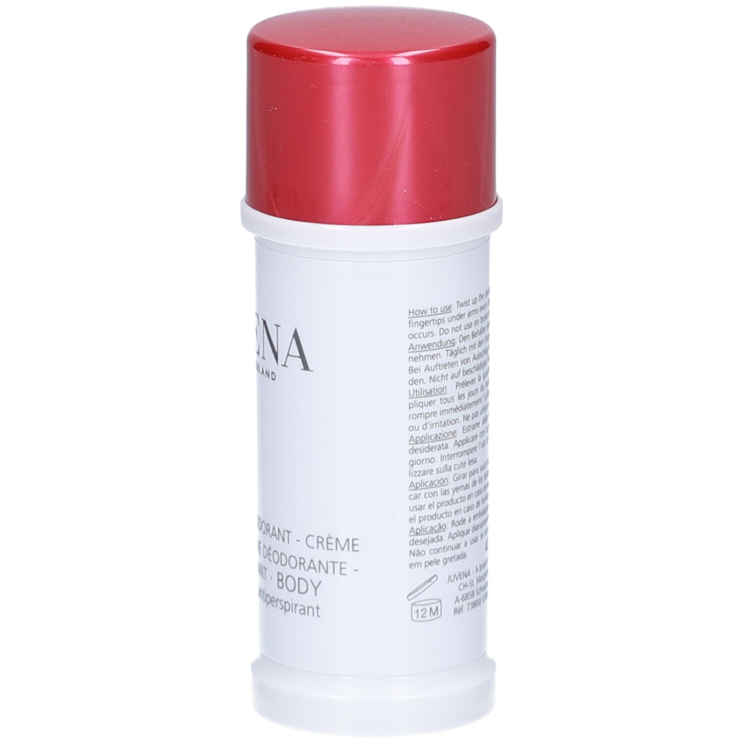 Weißer Deodorant-Stick mit roter Kappe. Aufschrift: Juvena of Switzerland. Produktbezeichnung: Body Cream Deodorant.