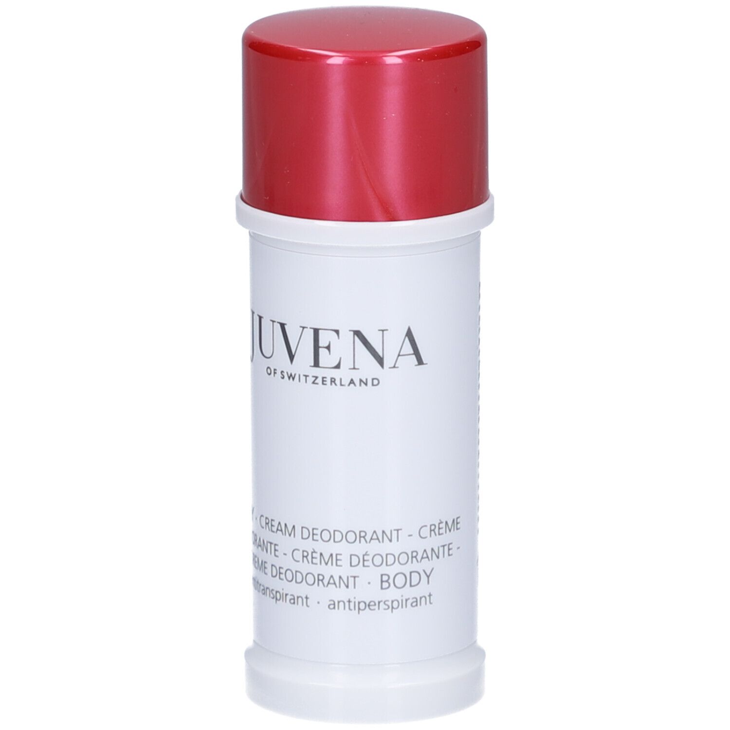 Weißer Deodorant-Stick mit roter Kappe. Aufschrift: Juvena of Switzerland. Produktbezeichnung: Body Cream Deodorant.