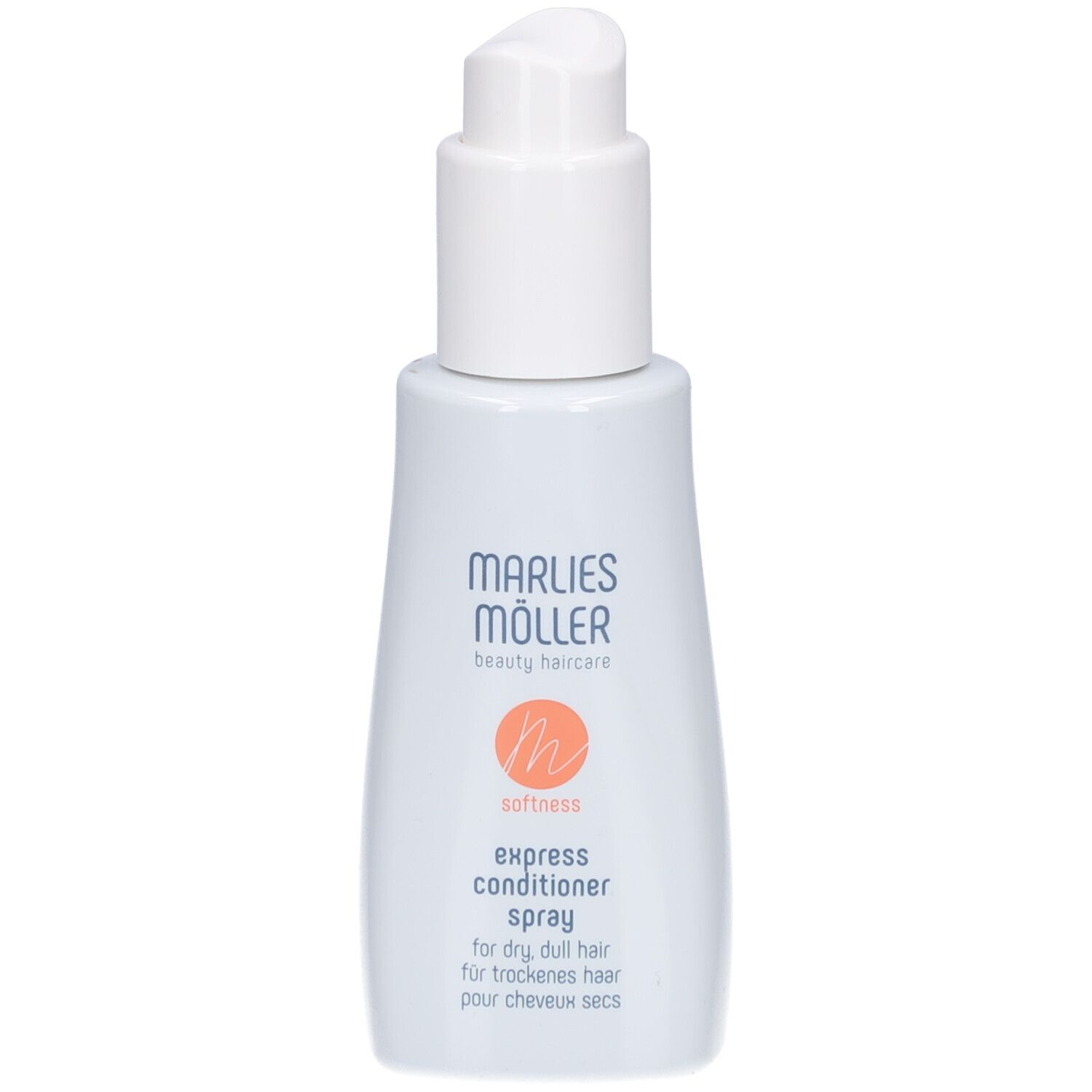 Weiße Flasche mit Sprühkopf. Aufschrift: Marlies Möller, beauty haircare, softness, Express Conditioner Spray.