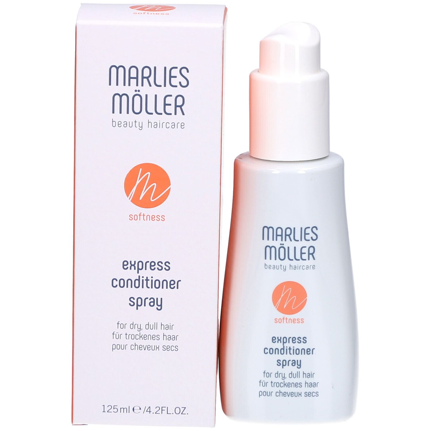 Produkt mit Verpackung. Aufschrift: Marlies Möller, Express Conditioner Spray, 125ml/4.2FL.OZ.