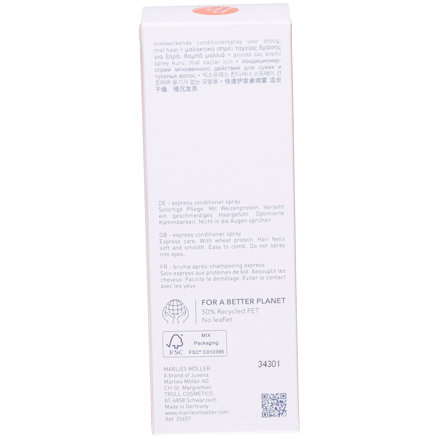 Rückseite der Verpackung. Text in mehreren Sprachen. 125ml/4.2FL.OZ.