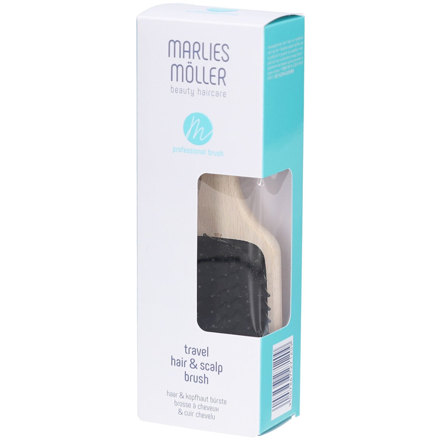 Produktverpackung. Marlies Möller Travel Hair & Scalp Brush. Bürste sichtbar durch Fenster.